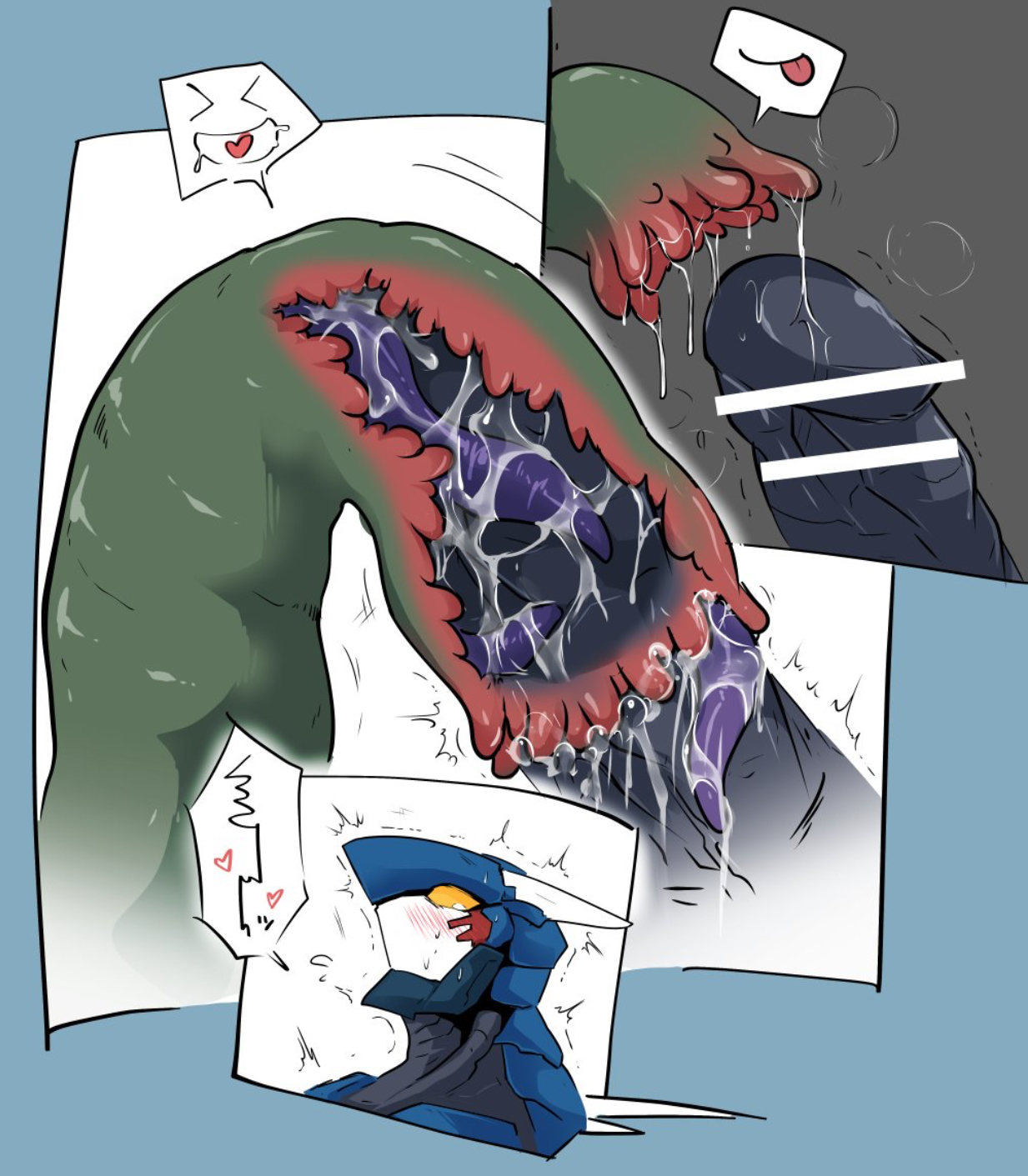 armor, blowjob, censored, consensual tentacles, crazy armor, fellatio, humanoid penis, licking penis, looking pleasured, male, milking tentacles, penis, penis in tentacle, questionable consent, saliva, tentacle tongue, yellow sclera
