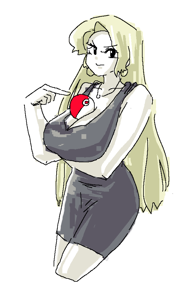 1girls beauty_(pokemon) beauty_(pokemon_rgby) black_dress blonde_female blonde_hair breast_rest earrings folded_arms holding_breast jewelry leebongchun long_hair necklace npc_trainer object_on_breast on_breasts pointing pokeball pokemon scowl smile voluptuous voluptuous_female