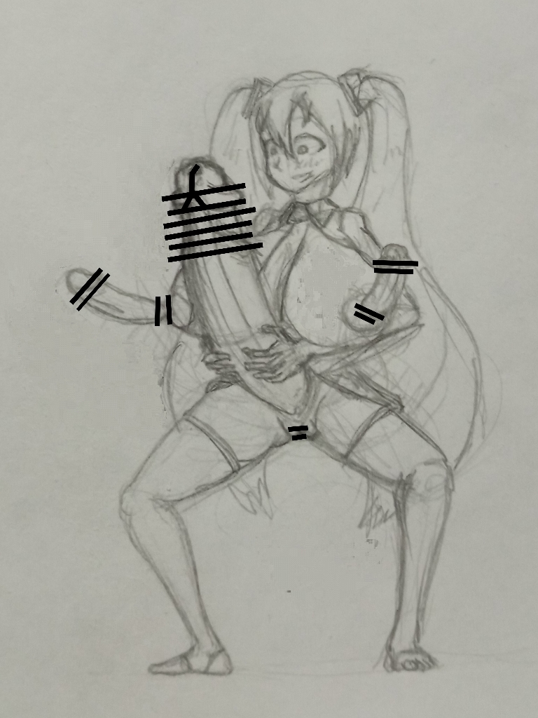 2022 bar_censor breasts censored censored_penis fully_clothed futa_sans_balls futanari hands_on_own_penis hatsune_miku herm hermaphrodite intersex line_art masturbation monochrome multi_genitalia multi_penis penis penis_nipples pussy traditional_media_(artwork) triphallia unusual_genitalia_placement unusual_penis_placement vocaloid what