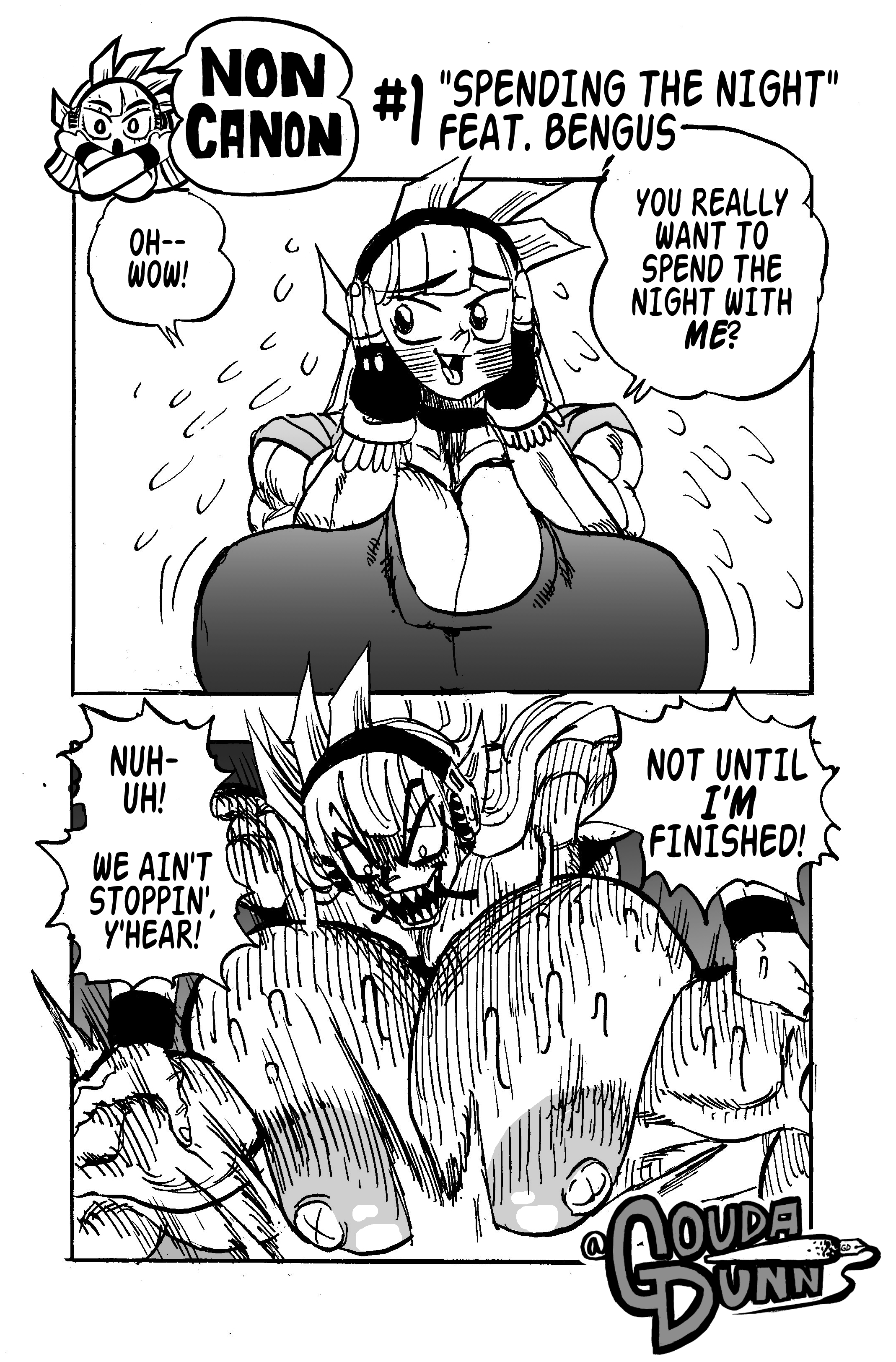 bengus stratovarious, big breasts, black and white, breasts, cowgirl position, death by snoo snoo, english text, female, femdom, genkai toppa wrestling!, gigantic breasts, goudadunn, headband, highres, huge breasts, instant loss 2koma, large breasts, male, muscular, muscular female, naughty face, rough sex, seductive, seductive smile, sex, sharp teeth, shy, smile, straight, text