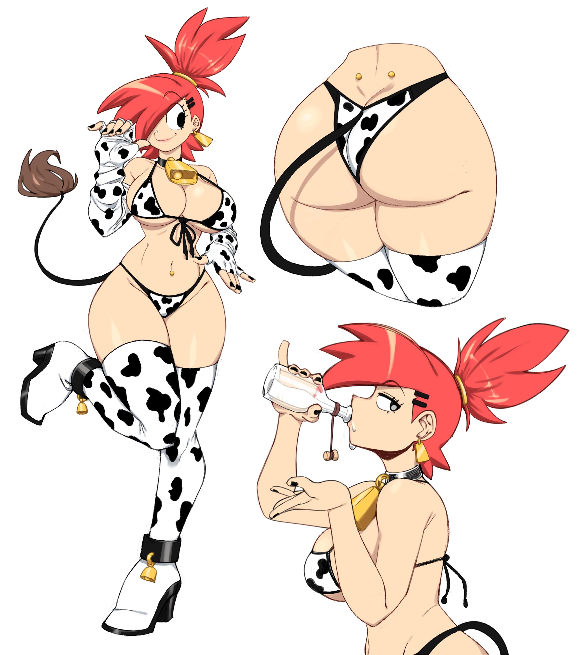 1girls, armwear, ass, ass shot, belly, belly piercing, big ass, big breasts, bikini, bikini bottom, bikini top, black eyes, black nail polish, black nails, bottomwear, breasts, choker, cleavage, clothing, cow print, cow print armwear, cow print bikini, cow print thighhighs, cow tail, drinking, ear piercing, earrings, fake tail, female, female only, foster's home for imaginary friends, frankie foster, full body, hair, hair over one eye, heels, high heels, hips, huge ass, huge breasts, human, legs, legwear, mature, mature female, milk bottle, mossy (artist), multiple images, multiple views, nail polish, nails, red hair, side view, sideboob, skimpy, smile, solo, solo female, swimwear, tail, thick thighs, thighhighs, thighs, topwear