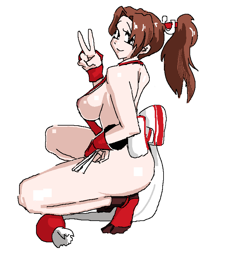 1girls ass breasts brown_hair king_of_fighters large_breasts leebongchun mai_shiranui miko miko_outfit peace_sign ponytail sideboob squatting thighs v