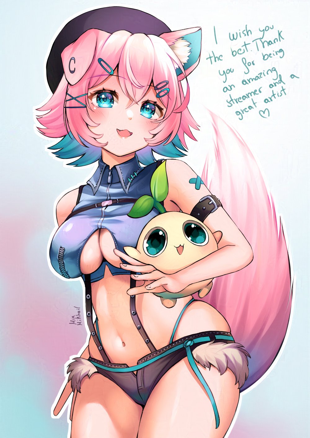 blue_eyes dog_ears dog_girl female medium_hair pink_hair text virtual_youtuber vyugen yuniiho_(character)