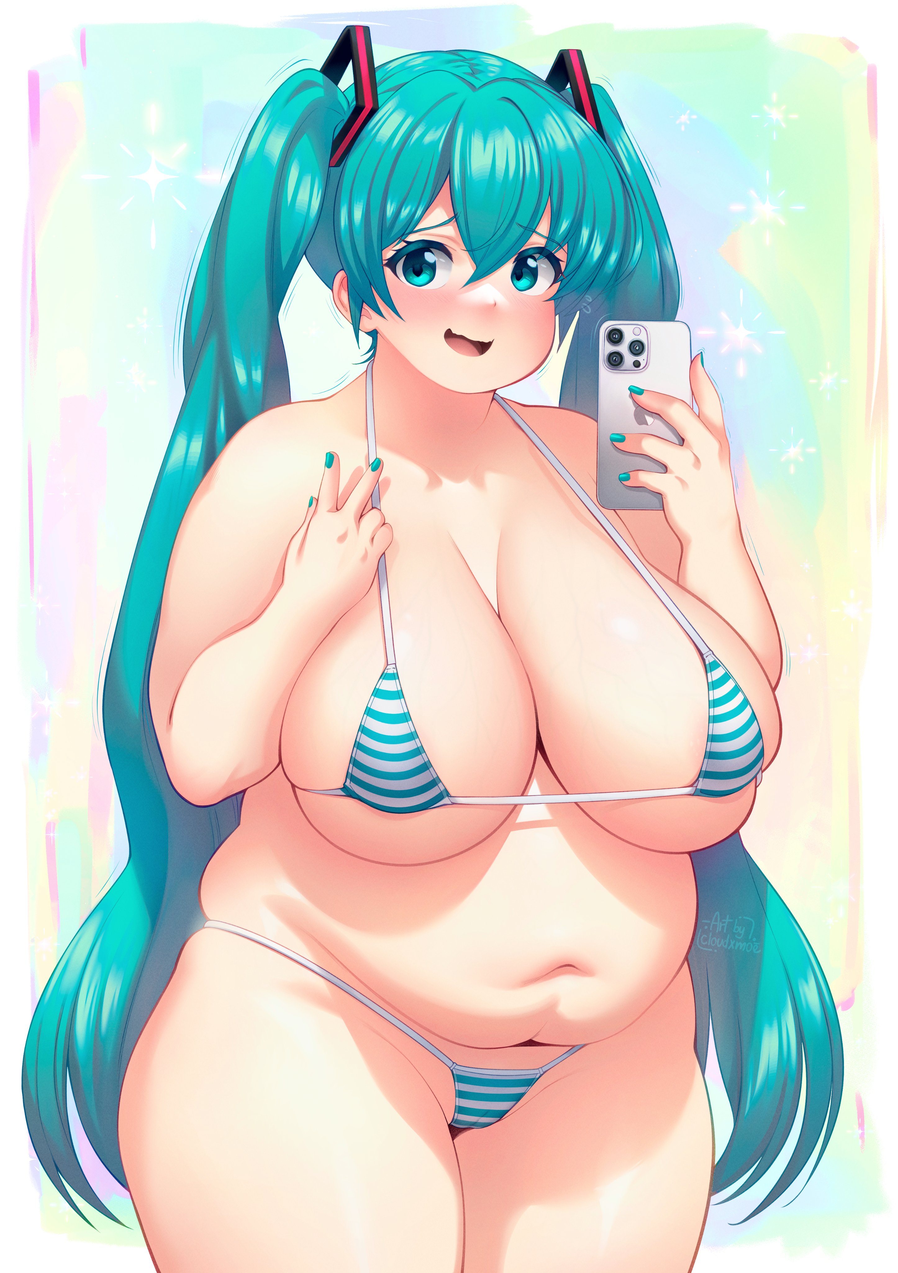1girl, 1girls, 2023, absurd res, alternate version available, aqua eyes, aqua hair, aqua nails, bangs, bbw, belly, bikini, blue eyes, blue hair, blush, breasts, cellphone, chubby, chubby female, cleavage, cloudxmoe, collarbone, cowboy shot, curvaceous, curvy, fang, female, female focus, hair between eyes, hair ornament, hatsune miku, hips, holding, holding phone, huge breasts, long hair, looking at viewer, matching hair/eyes, micro bikini, nail polish, navel, open mouth, phone, plump, selfie, shiny, skin fang, skindentation, smartphone, smile, solo, solo female, solo focus, string bikini, striped, striped bikini, swimsuit, thick thighs, thighs, twintails, v, very long hair, vocaloid, voluptuous, wide hips