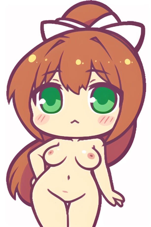 ai_generated blushing_at_viewer bow_in_hair breasts chibi coral_brown_hair curvy doki_doki_literature_club emerald_green_eyes green_eyes looking_at_viewer monika_(doki_doki_literature_club) naked nude nude_female pixai ponytails sidelocks white_background white_bow