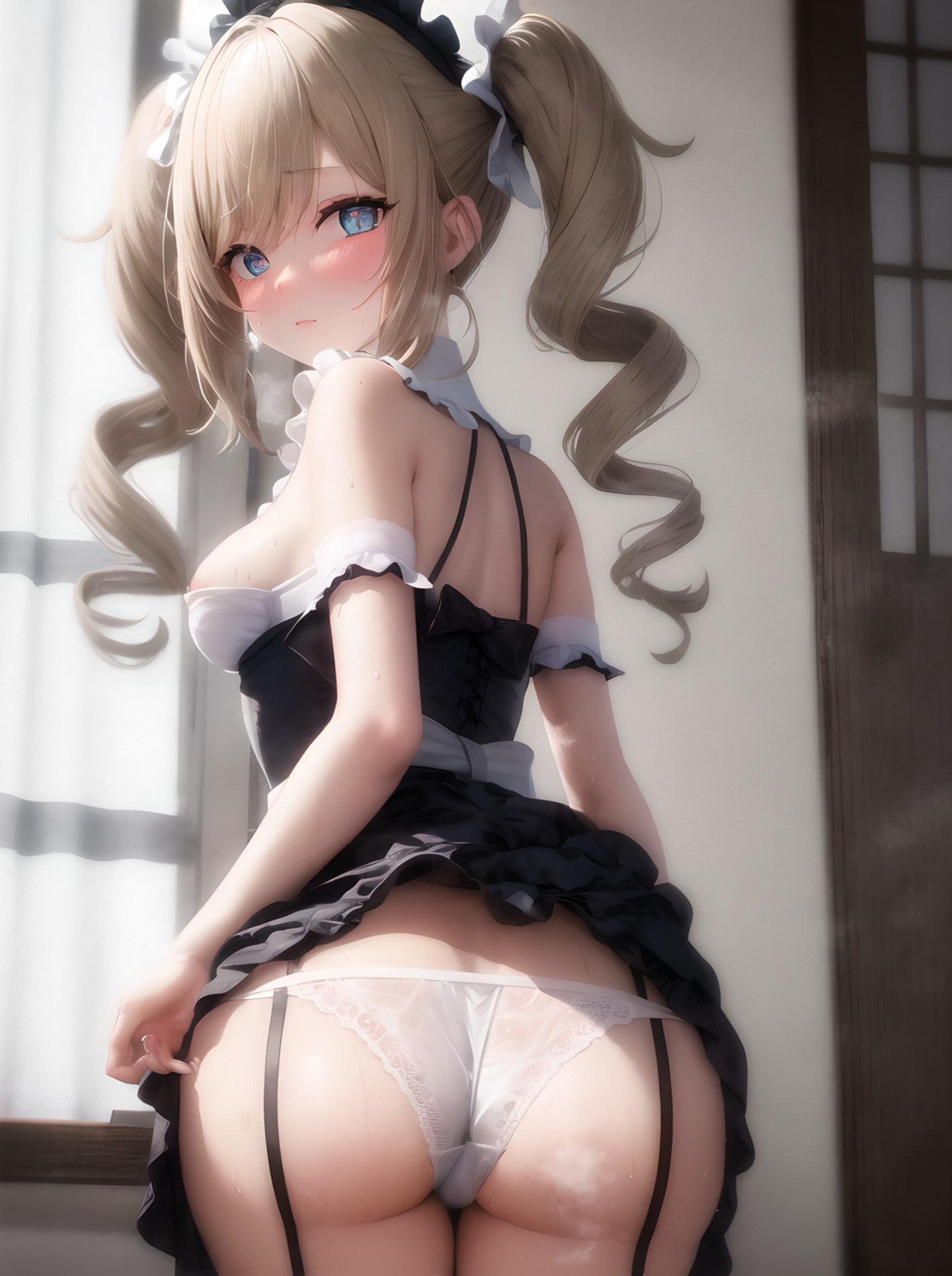 1girls, ai generated, ass, barbara (genshin impact), big ass, black legwear, blonde hair, blue eyes, blush, female, garter belt, garter straps, genshin impact, looking back, nipples, panties, skirt, solo, solo female, solo focus, zzem