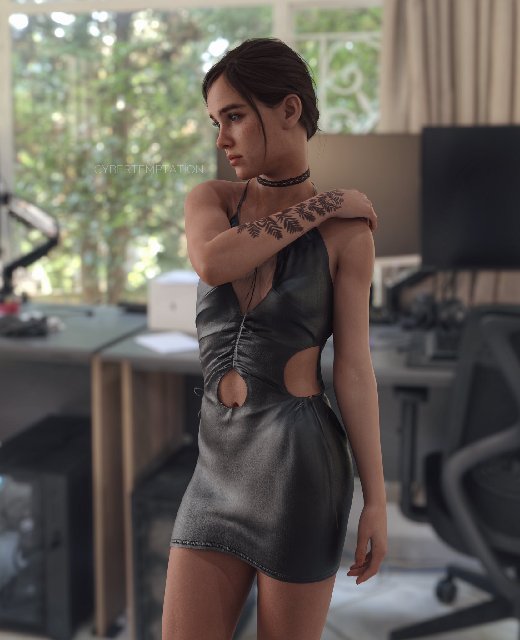 3d, athletic, athletic female, choker, cybertemptation, dress, ellie (the last of us), ellie williams, female, female focus, female only, full color, fully clothed, no penetration, short dress, solo, solo female, tagme, tattoo, the last of us, the last of us 2