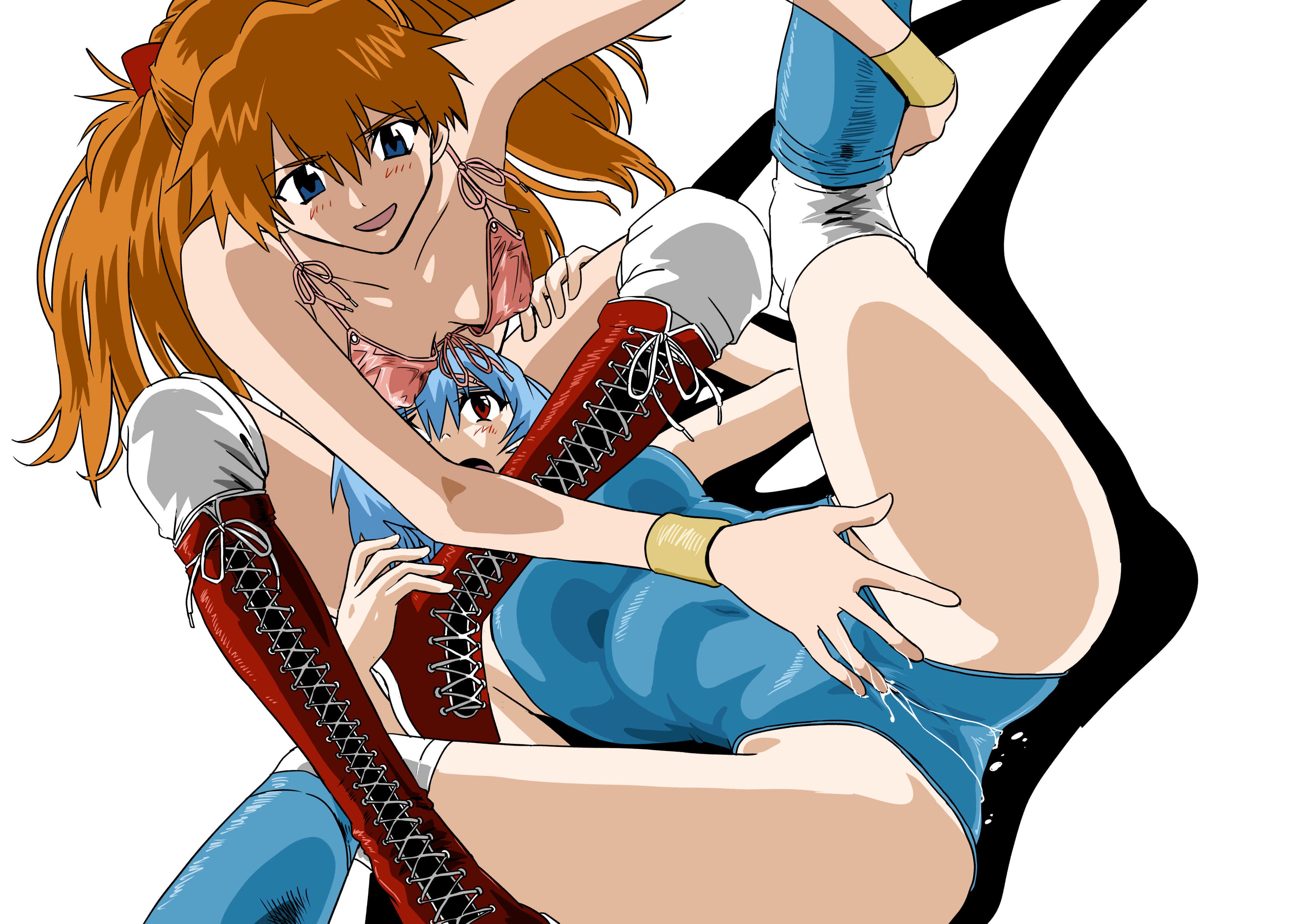 asuka langley sohryu, blue hair, breasts, cameltoe, catfight, female, fingering, juicy pussy, legs over head, long hair, missionary position, neon genesis evangelion, one-piece swimsuit, pussy, red hair, rei ayanami, short hair, slim waist, small breasts, spread legs, teenager, thick thighs, wet pussy, wide hips, wrestling, wrestling outfit, yuri, yuutaku1618