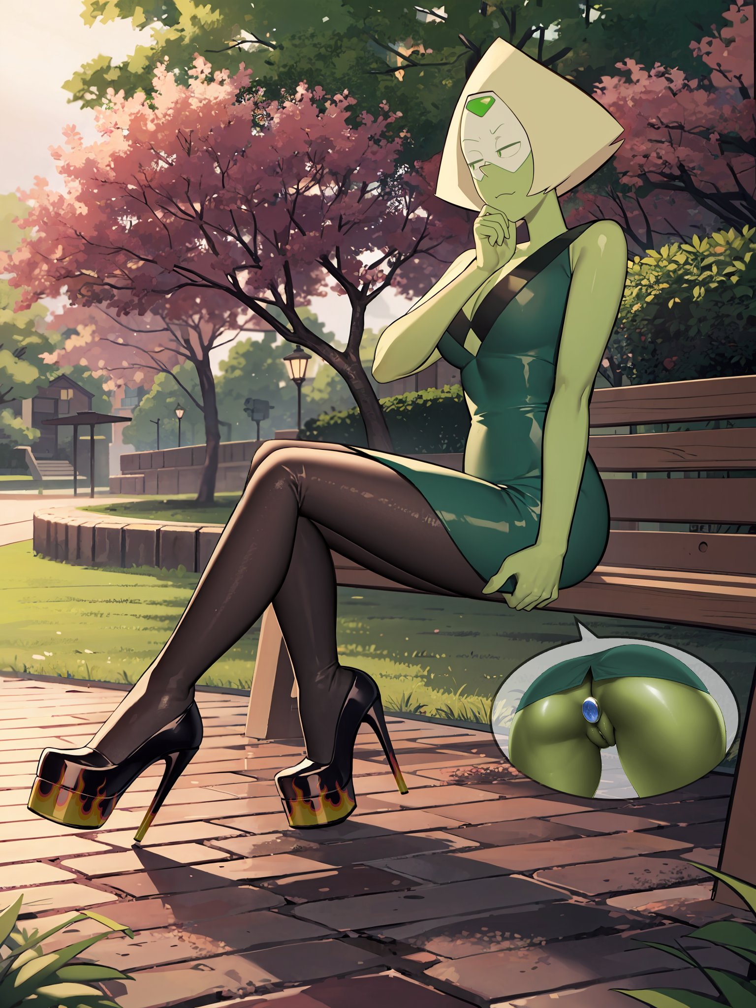 ai generated, anal, anal plug, ass, blue buttplug, buttplug, female, flame print, green skin, high heels, jewel buttplug, pantyhose, peridot (steven universe), sex toy, short dress, steven universe, warmachine0001