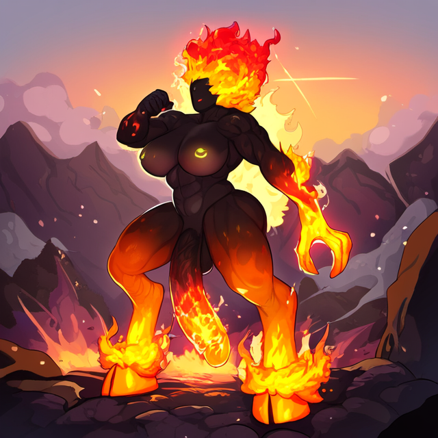 ai_generated asymmetrical_arms burning elemental_humanoid fiery_hair fiery_penis fire fire_demon fire_hair futanari hooves hyper_penis large_breasts lava mountain muscular no_eyes novelai orange_nipples small_head solo_futa tagme unguligrade