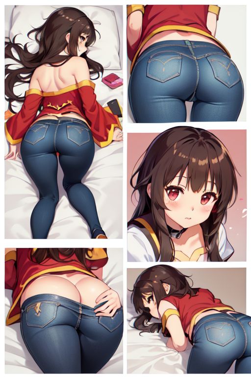 adorable ai_generated big_ass big_butt cute female hand_on_butt jeans kawaii kono_subarashii_sekai_ni_shukufuku_wo! megumin multiple_views teasing tight_clothing touching_ass