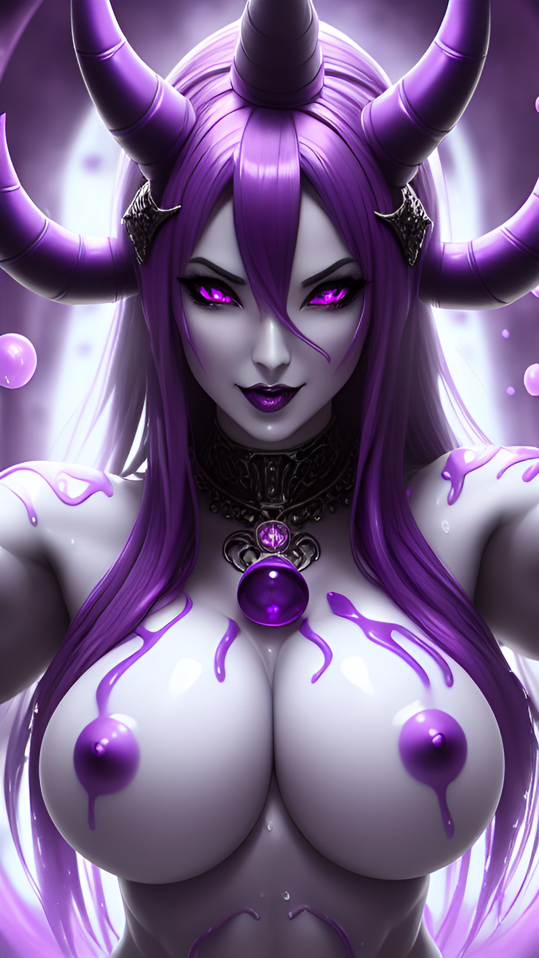 ai.g3n ai_generated big breasts demon_girl purple_eyes purple_hair purple_nipples purple_skin succubus succubus_horns