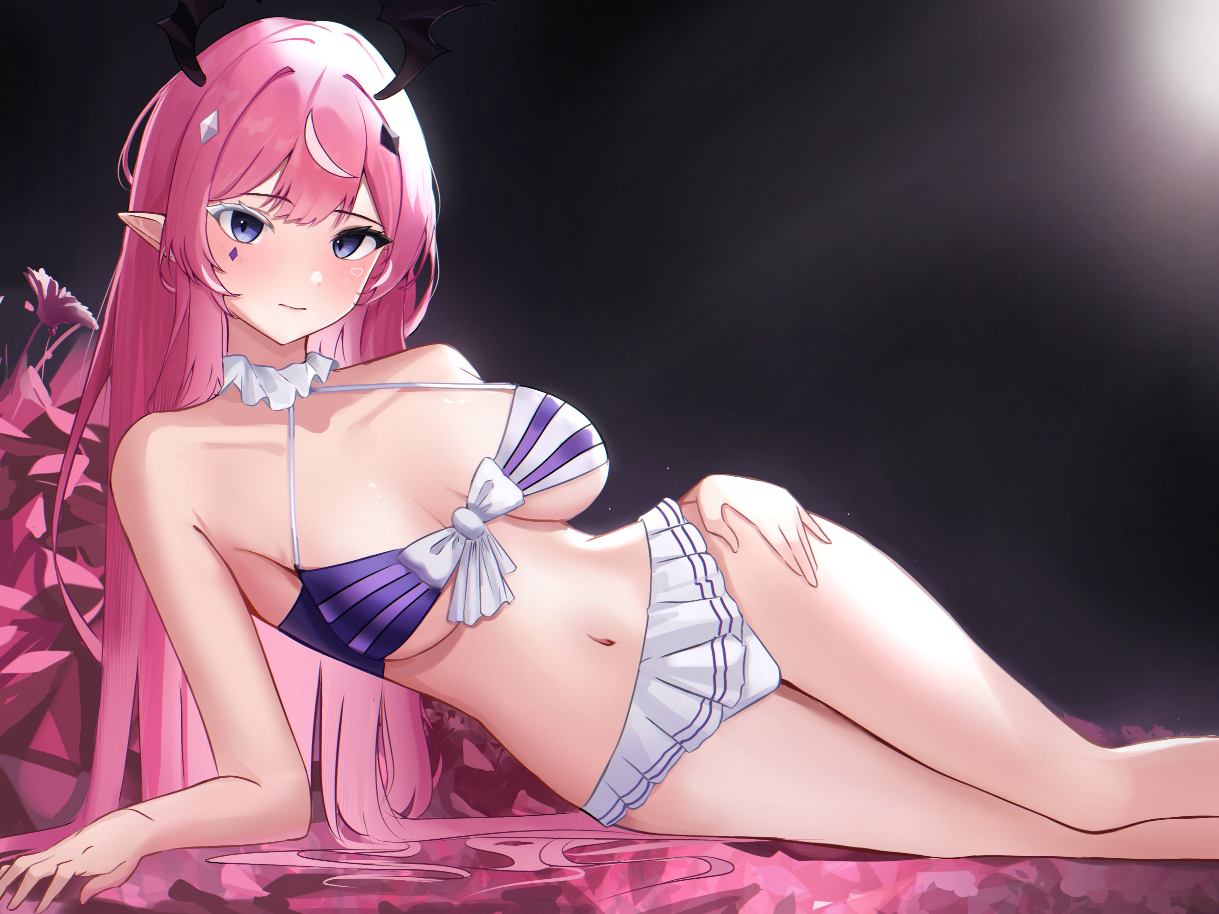 bangs, bare arms, bare shoulders, bikini, bikini skirt, blue eyes, blush, breasts, camila (vtuber), closed mouth, demon, female, frilled bikini, frills, halterneck, horns, indie virtual youtuber, large breasts, long hair, looking at viewer, lying, marking below eyes, navel, on side, pink hair, pointy ears, smile, solo, stomach, succubus, swimsuit, thighs, very long hair, virtual youtuber, white choker