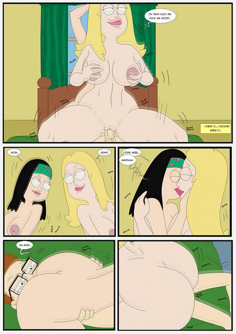 american dad, brother, brother and sister, color, comic, english text, female, francine smith, grigori (artist), hayley smith, incest, kiss, kissing, mother, mother and children, mother and daughter, mother and son, sister, speech bubble, steve smith, text