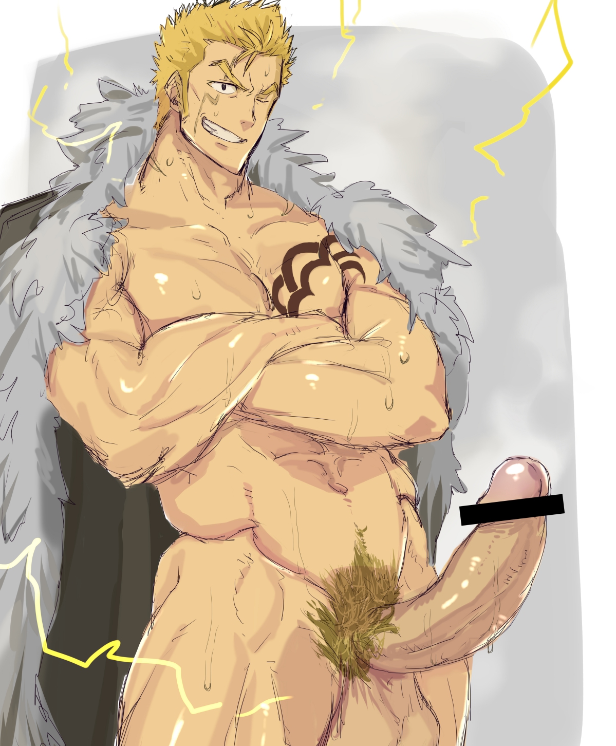 1boy, balls, bara, big penis, boner, crossed arms, erection, fairy tail, gay, laxus dreyar, male, male only, muscles, muscular, muscular male, musk, one eye closed, penis, solo, solo male, sweat, sweating, tattoo, waribashi, yaoi