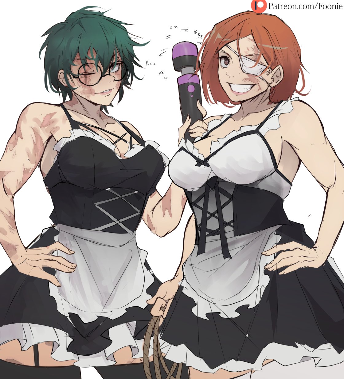 2girls big_breasts brown_hair burn_scar clenched_teeth eyepatch female female_only foonie foonie_xd glasses green_hair hand_on_hip holding_vibrator human jujutsu_kaisen kugisaki_nobara large_breasts looking_at_viewer looking_back maid maid_uniform multiple_girls rope scar scars scars_all_over thick_thighs thighhighs thighs vibrator wide_hips zenin_maki