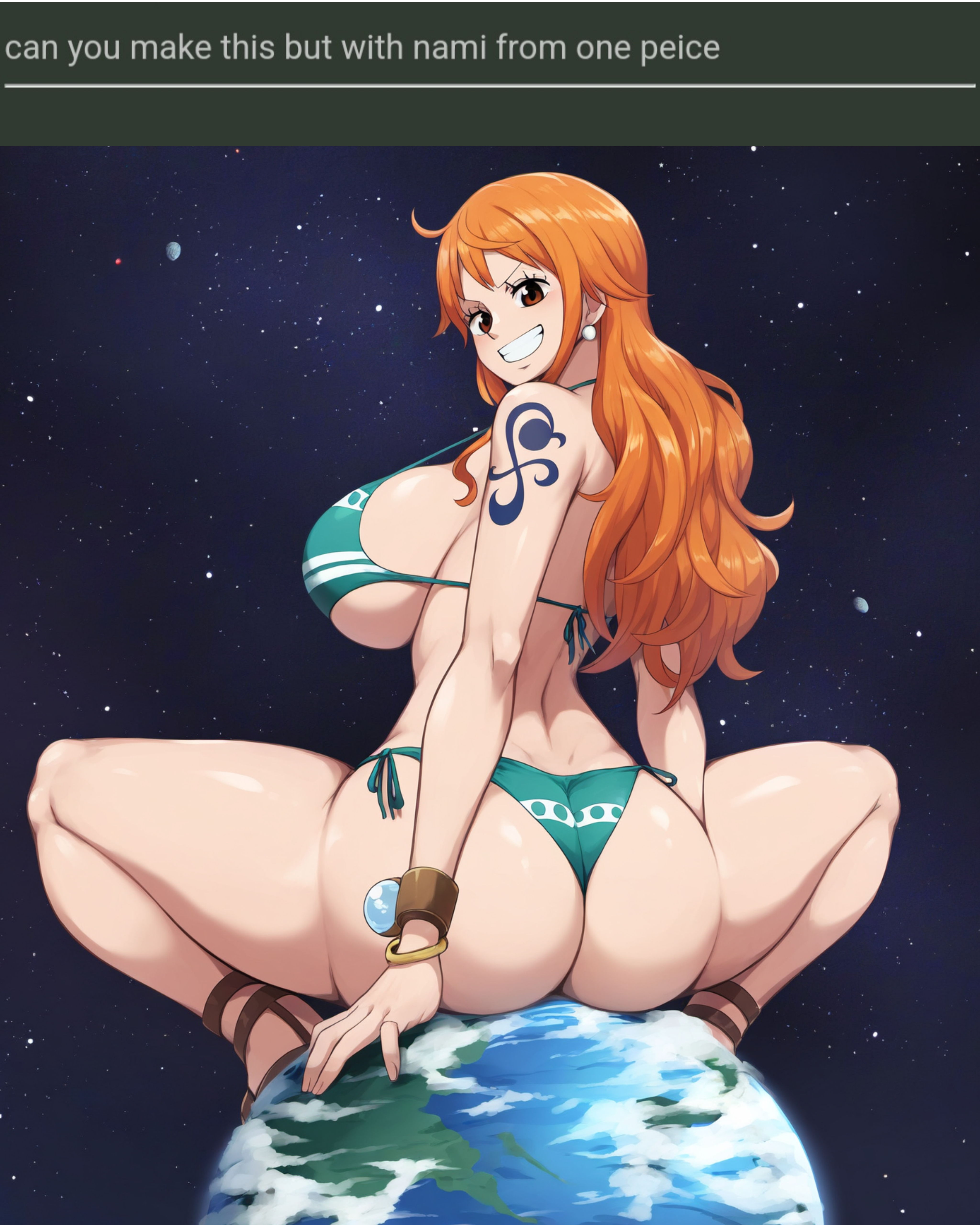 ai generated, ass, bikini, breasts, earth, female, female only, giantess, hyper giantess, isoai, large ass, large breasts, long hair, nai diffusion, nami (one piece), one piece, orange hair, post-timeskip, request, self upload, smile