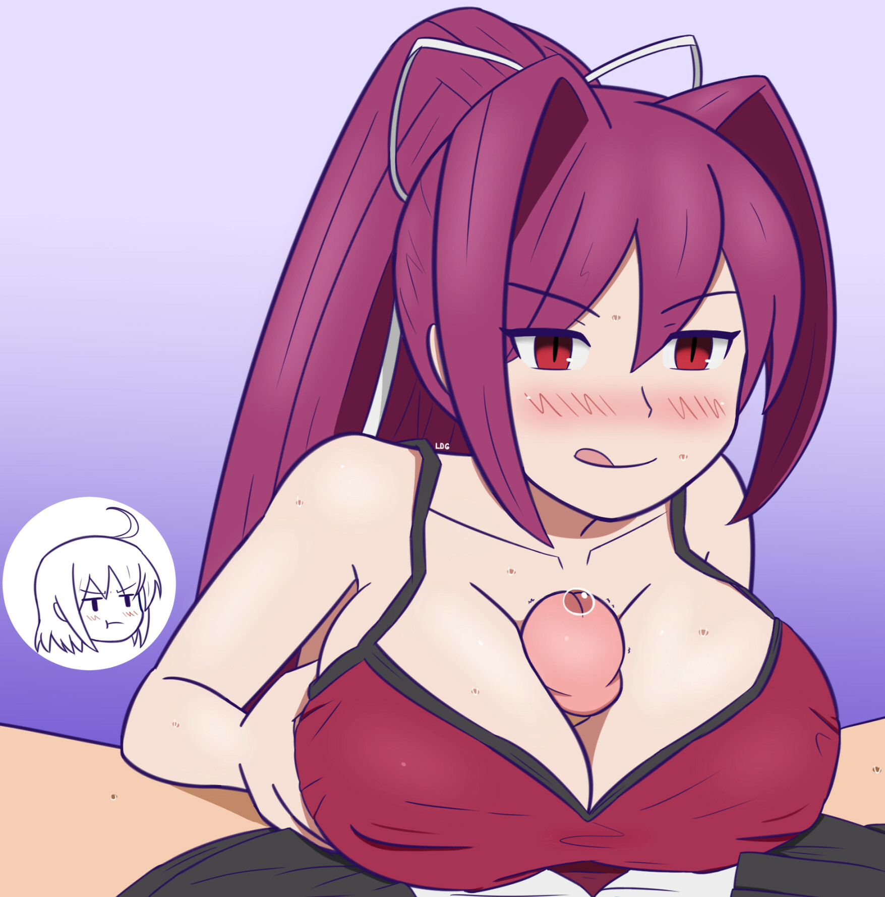 :p, 1boy, 1girls, blush, breast grab, breasts, camisole, female, hair ribbon, highres, hyde kido, large breasts, leud, linne, long hair, long ponytail, male, paizuri, penis, ponytail, precum, purple hair, red eyes, ribbon, short hair, sideboob, smile, straight, tied hair, tongue, tongue out, under night in-birth, very long hair, yuzuriha (under night in-birth)