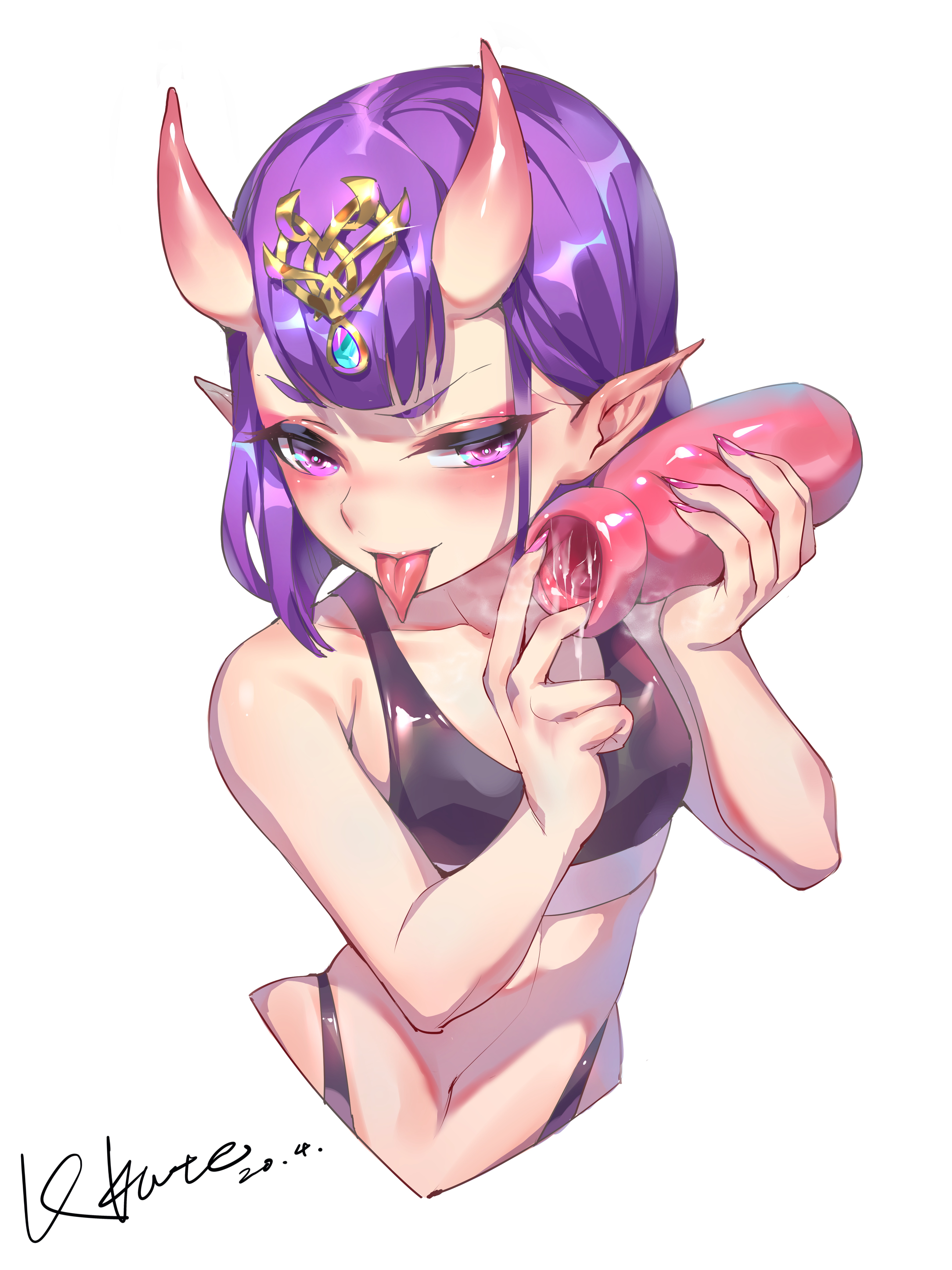 1girls, 2020, artificial vagina, fate (series), fate/grand order, female, female only, horns, looking at viewer, lxkate, open mouth, purple eyes, purple hair, sex toy, short hair, shuten douji (fate), solo, sports bra, tongue, tongue out, white background