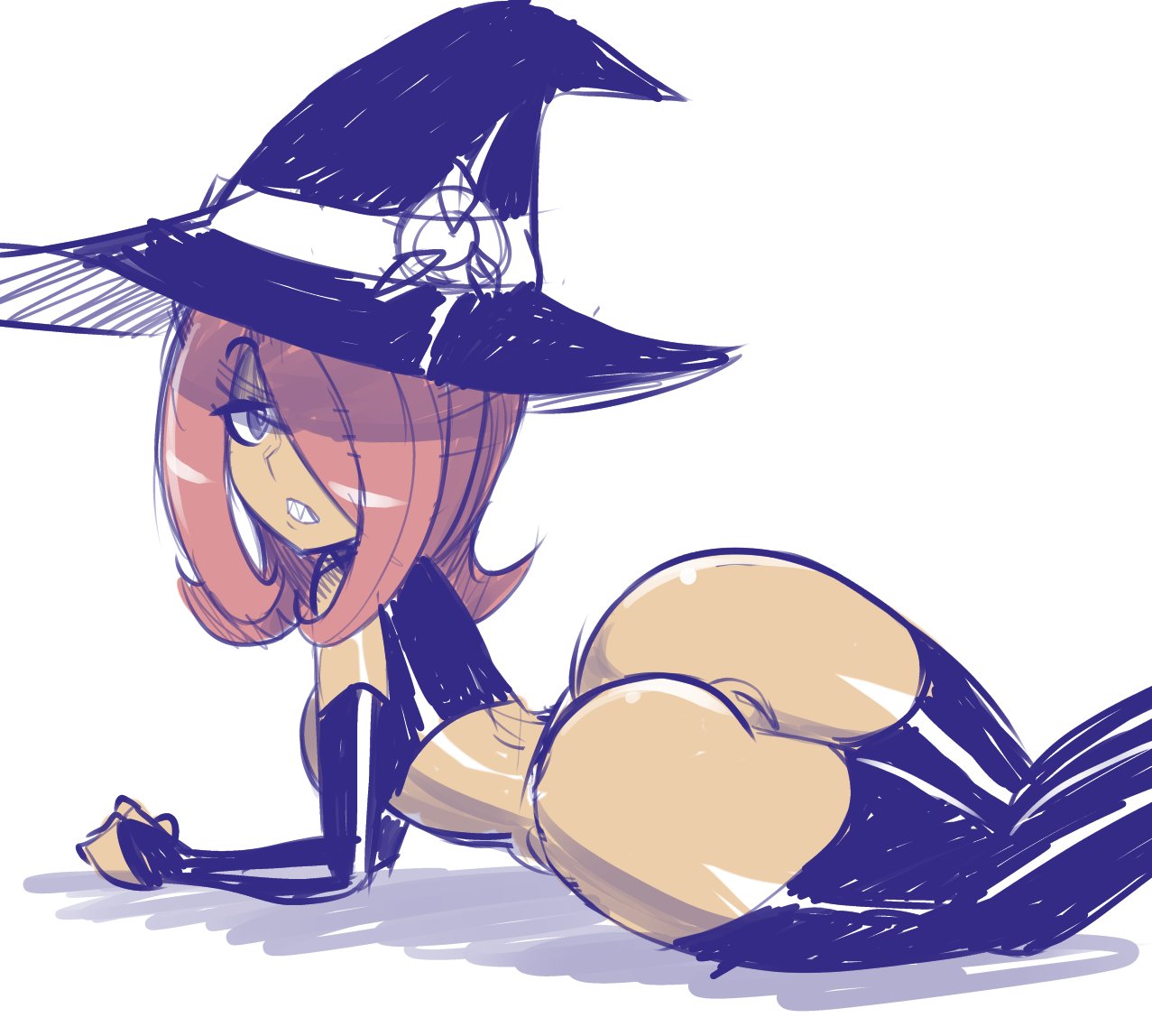 ass, bigdeadalive, female, hair over one eye, little witch academia, looking at viewer, on the floor, pussy, sketch, sucy manbavaran