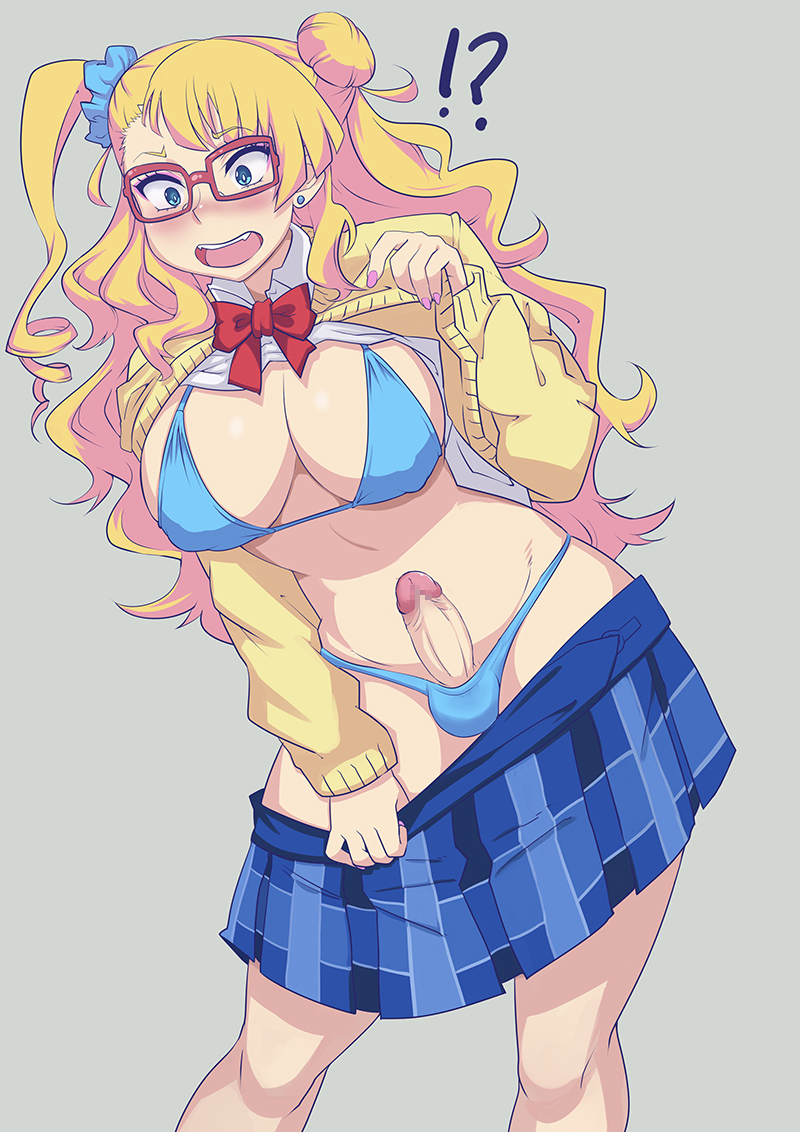 1futa 2d 2d_(artwork) balls balls_in_panties blonde_futa blonde_hair blonde_hair_futa blue_bikini_top blue_panties blue_skirt bowtie breasts cardigan cardigan_lift futa_only futanari galko glasses grey_background gyaru knightgawain large_breasts lifting_cardigan lifting_shirt light-skinned_futanari light_skin oshiete!_galko-chan penis_in_panties pulling_down_skirt red_bowtie solo surprise_futa surprised_expression testicles