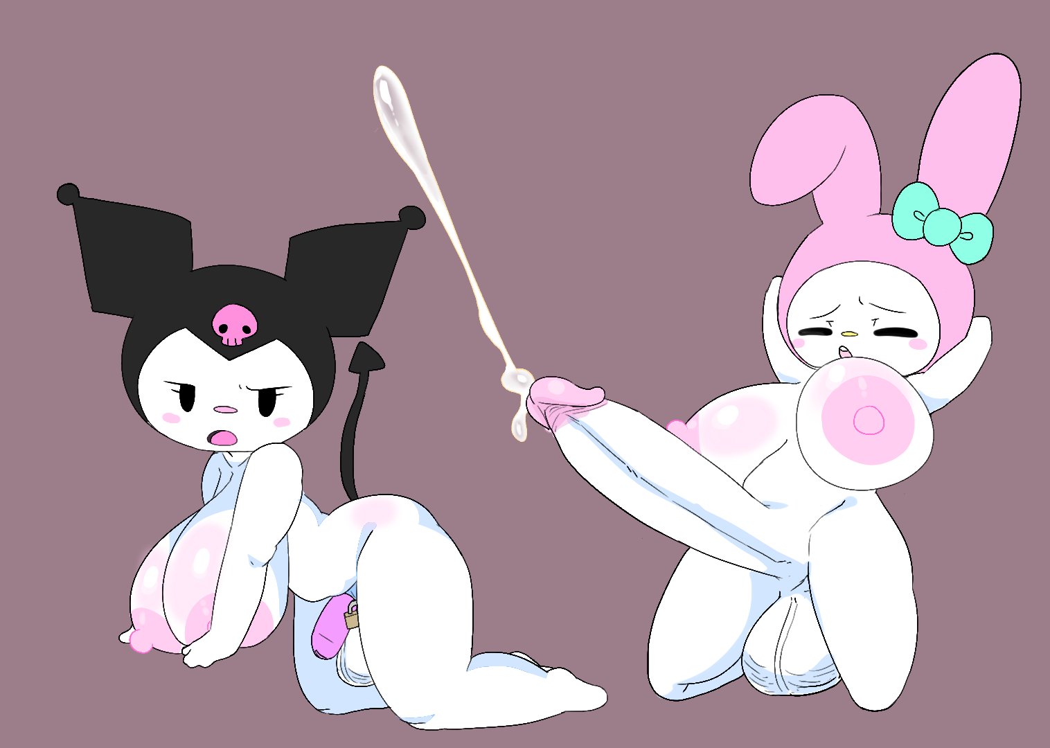 2d, 2futas, anthro, areolae, arms behind head, balls, bent over, big breasts, big penis, big penis in chastity, blush, breasts, bunny ears, bunny girl, chastity cage, chastity device, closed eyes, color, cum, cumshot, duo, ejaculation, erect nipples, female, futa focus, futa on futa, futa only, futanari, hanging breasts, huge balls, huge breasts, huge cock, humanoid, intersex, kneeling, kuromi, large areolae, large breasts, large penis, lock, my melody, nipples, nude, nude futa, onegai my melody, open eyes, open mouth, orgasm, penis, penis size difference, sanrio, savagensfw, simple background, tail, thick thighs, thighs, white body