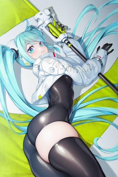 1girl, anal princess, aqua eyes, aqua hair, ass, asymmetrical legwear, bangs, big ass, black bodysuit, black gloves, black thighhighs, blue eyes, blue hair, blush, bodysuit, breasts, closed mouth, cropped jacket, female, flag, flat chest, gloves, goodsmile racing, grey background, hatsune miku, holding, holding flag, jacket, long hair, long sleeves, looking at viewer, lying, on bed, on side, race queen, racing miku, shiny clothes, single thighhigh, skindentation, smile, solo, thick thighs, thighhighs, thighs, twintails, two-tone gloves, very long hair, vocaloid, white jacket