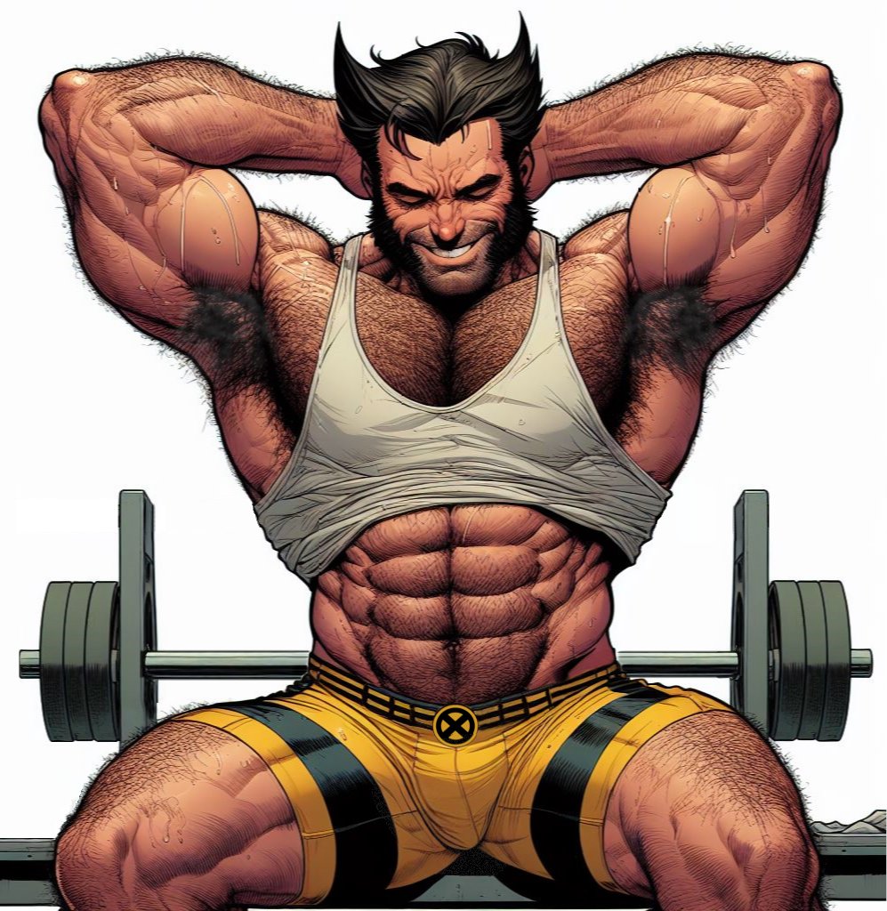 1boy armpits closed_eyes d-prime248 dual_lance gay hairy hairy_male logan_(x-men) male male_only marvel marvel_comics solo sweat uncensored wolverine_(x-men) x-men yaoi