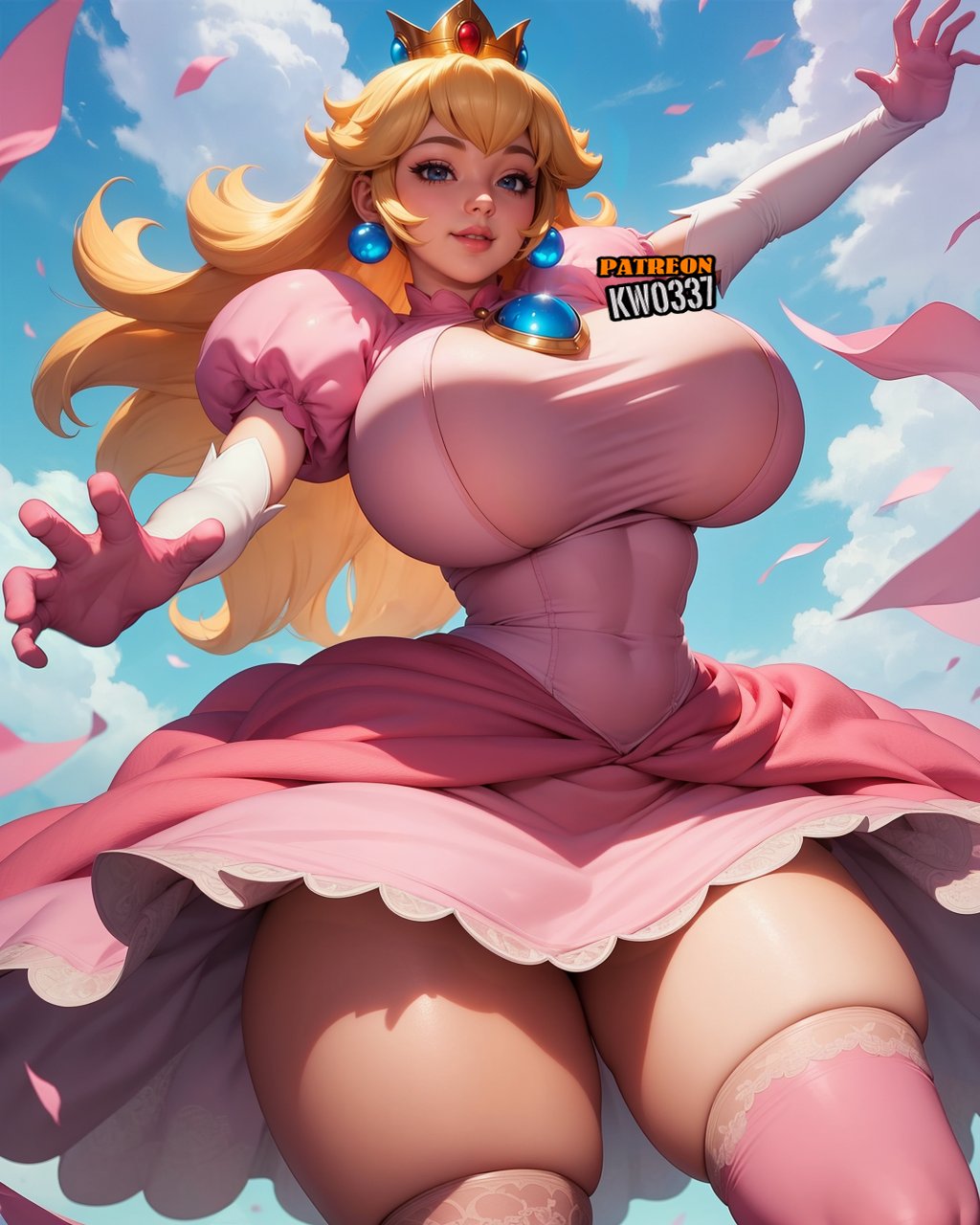 1girls, ai generated, big breasts, blonde hair, blue eyes, breasts, busty, female, female only, kw0337, mario (series), princess peach, solo, solo female, voluptuous