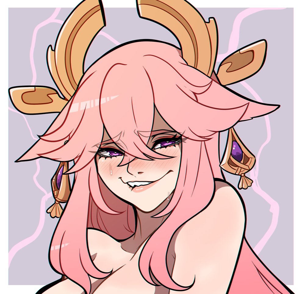 1girls, biting lip, breasts, cat girl, catgirl, completely nude, female, female only, genshin impact, grin, kinkymation, large breasts, long hair, looking at viewer, nude, nude female, pink hair, purple eyes, smile, solo, upper body, very long hair, yae miko