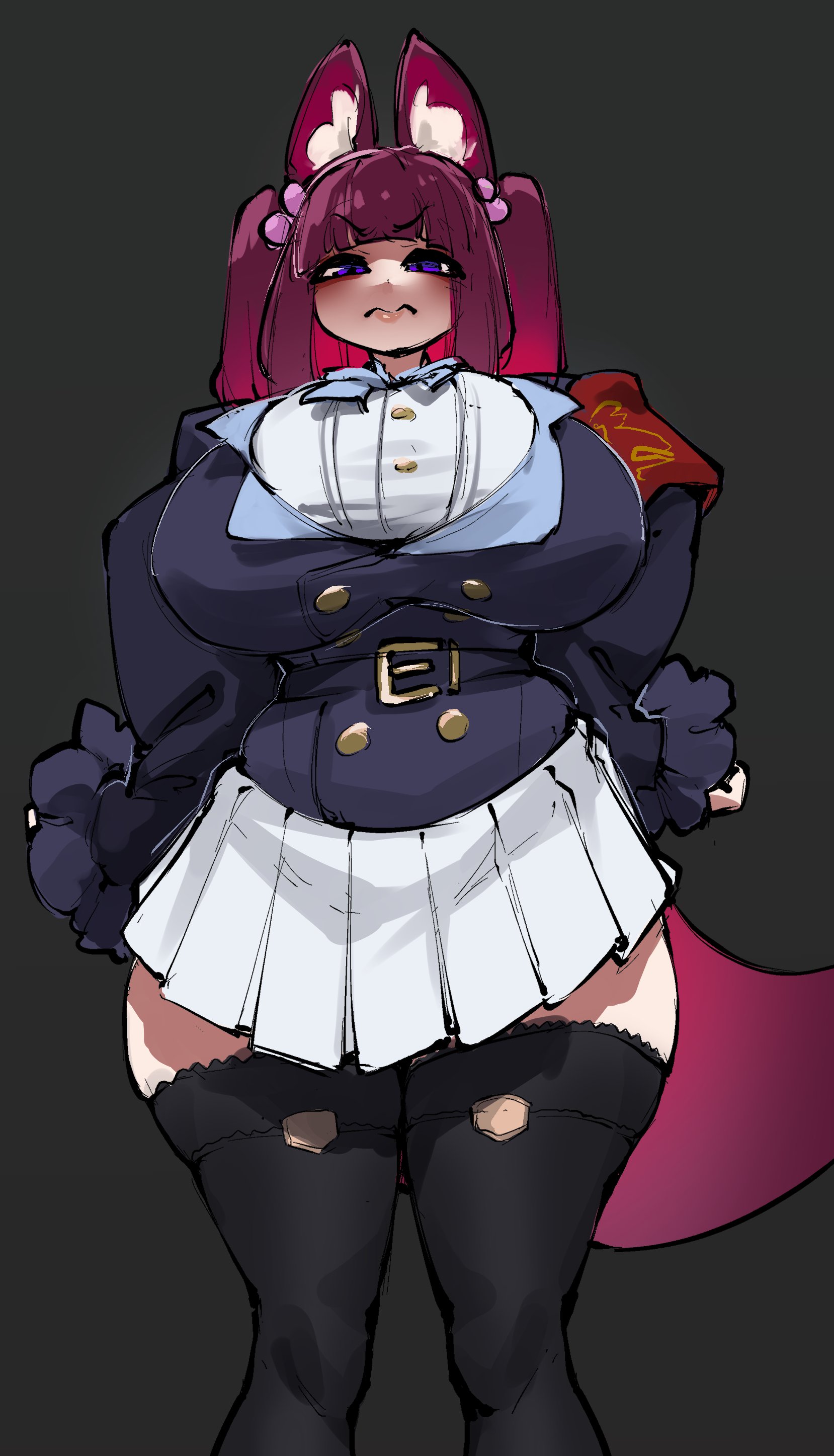 07th expansion, 1girls, alternate costume, ange ushiromiya, animal ear fluff, animal ears, animal tail, black boots, black footwear, black jacket, blue ribbon, blunt bangs, boots, breasts, buttons, crr001, female, female only, frilled sleeves, grey background, hair bobbles, hands on own hips, huge breasts, looking at viewer, pleated skirt, purple eyes, purple hair, simple background, solo, solo female, standing, suggestive, thick thighs, twintails, umineko no naku koro ni, wavy mouth, white shirt, white skirt
