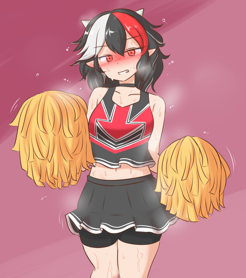 1girls black_hair blush cheerleader cheerleader_uniform choker elf_ears horns medium_breasts mizusoba multicolored_hair pom_poms red_eyes seija_kijin simple_background sweat sweating tagme touhou