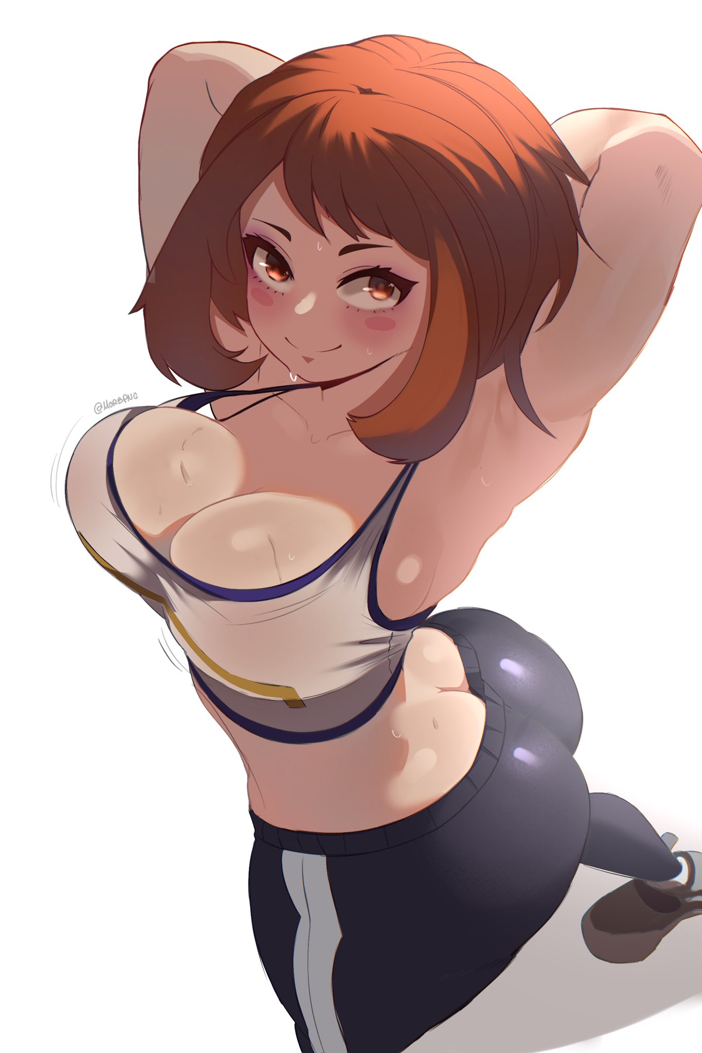 1girls ai_assisted ai_generated armpits arms_up ass ass_cleavage big_ass big_breasts big_butt boku_no_hero_academia breast_focus brown_hair brunette_hair busty butt_crack cleavage clothed curvaceous curves curvy curvy_body curvy_female curvy_figure downpants fat_ass female female_only gym_uniform huge_ass huge_breasts large_ass large_breasts large_butt light-skinned_female light_skin morby mostly_clothed my_hero_academia ochako_uraraka shounen_jump thick_ass thick_thighs traced traced_art white_background