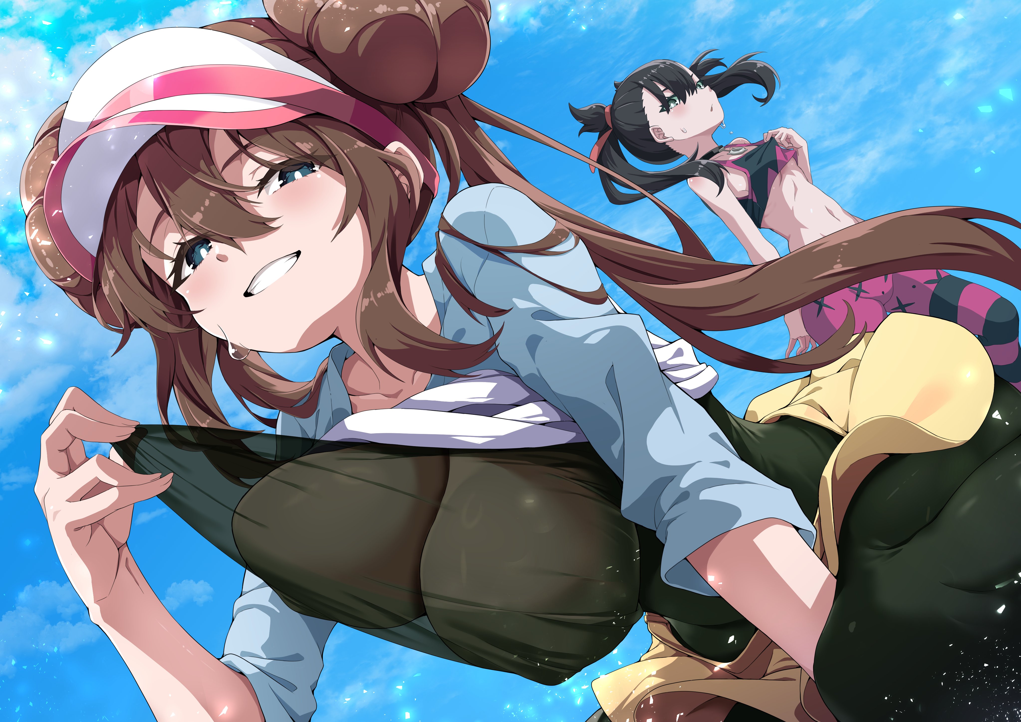 2d, 2d (artwork), 2d artwork, 2female, 2girls, areola, areolae, blue eyes, bouncing breasts, breasts, breasts visible through clothing, brown hair, double bun, erect nipples, female focus, female only, game freak, happy, happy female, hips, large breasts, long hair, looking at viewer, marnie (pokemon), nintendo, nipples, nipples visible through clothing, no bra, pokemon, pokemon bw2, pokemon ss, rosa (pokemon), shirt, shirt lift, skirt, stockings, sweat, sweatdrop, sweating, tied hair, very long hair, wet, wet body, wet skin, wide hips, zelitto