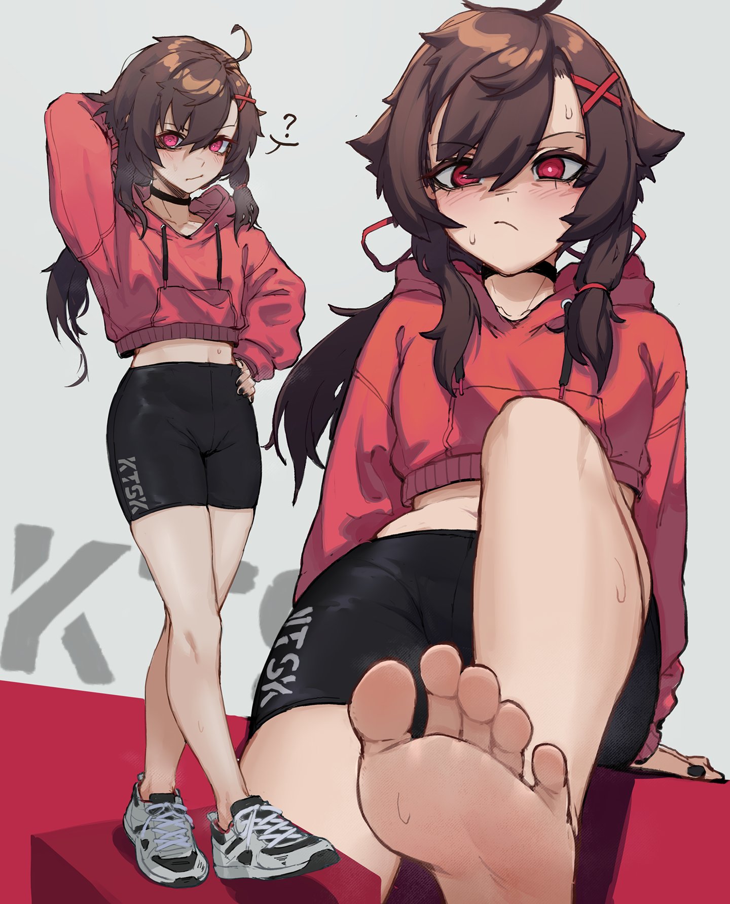 brown hair, feet, foot fetish, k-rha's, red eyes, shoes, sneakers, sportswear, sweater