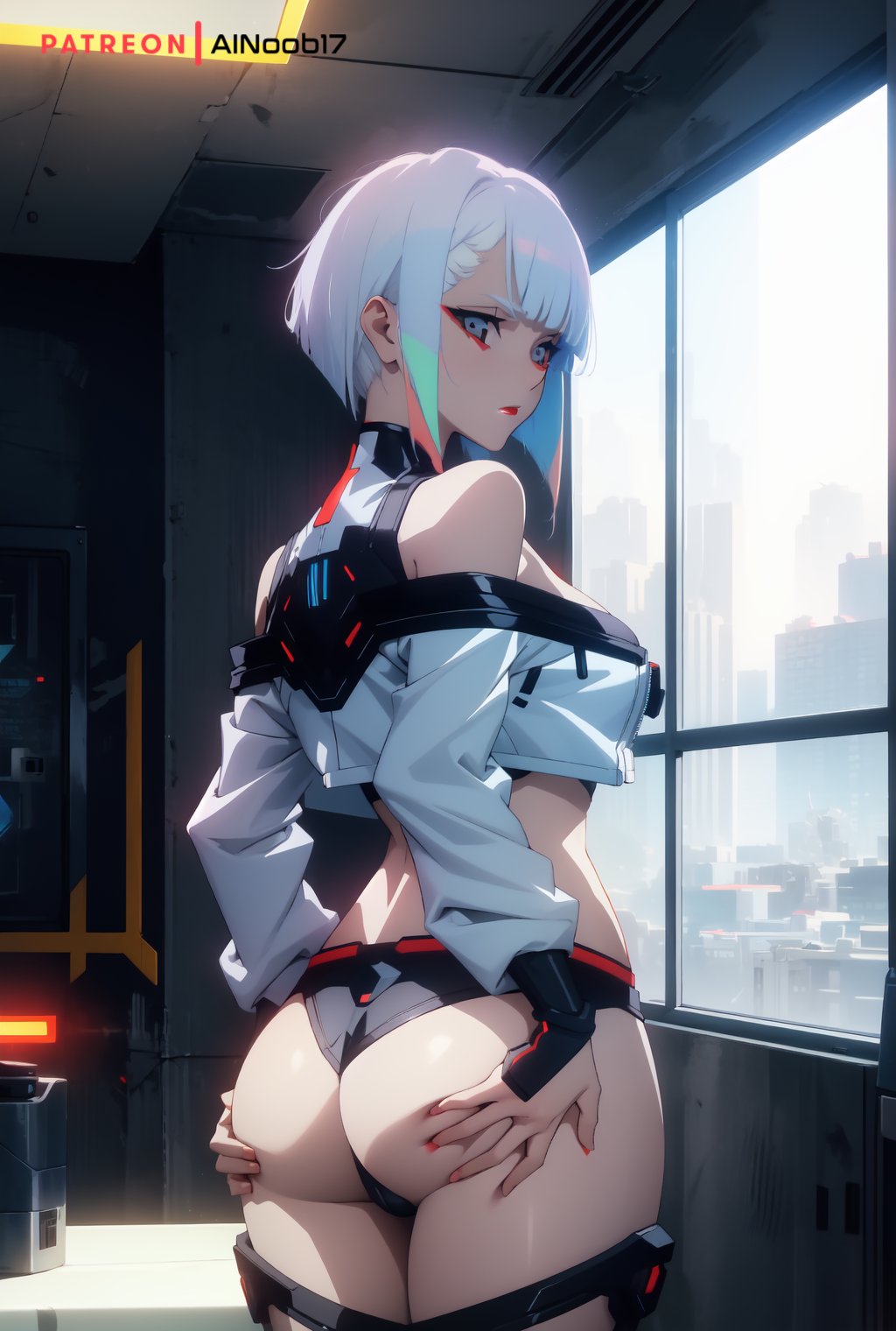 1girls, ai generated, ainoob17, ass, cyberpunk: edgerunners, female, hand on ass, hand on butt, lucyna kushinada, short hair, short shorts, tagme, thighs, white hair