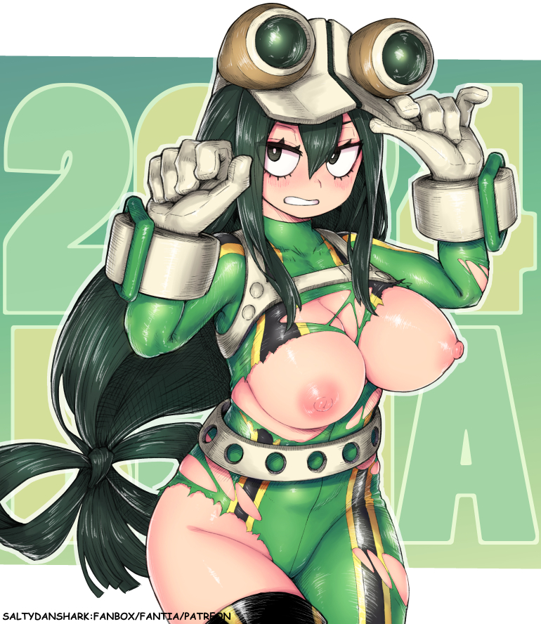 2024 belt black_bodysuit black_eyes black_footwear black_hair bodysuit breasts female gloves goggles goggles_on_head green_bodysuit grey_gloves grin groin hair_between_eyes hair_rings hands_up hero_outfit_(mha) large_breasts long_hair looking_at_viewer low-tied_long_hair my_hero_academia nipples saltydanshark shiny_skin smile solo teeth torn_bodysuit torn_clothes tsuyu_asui