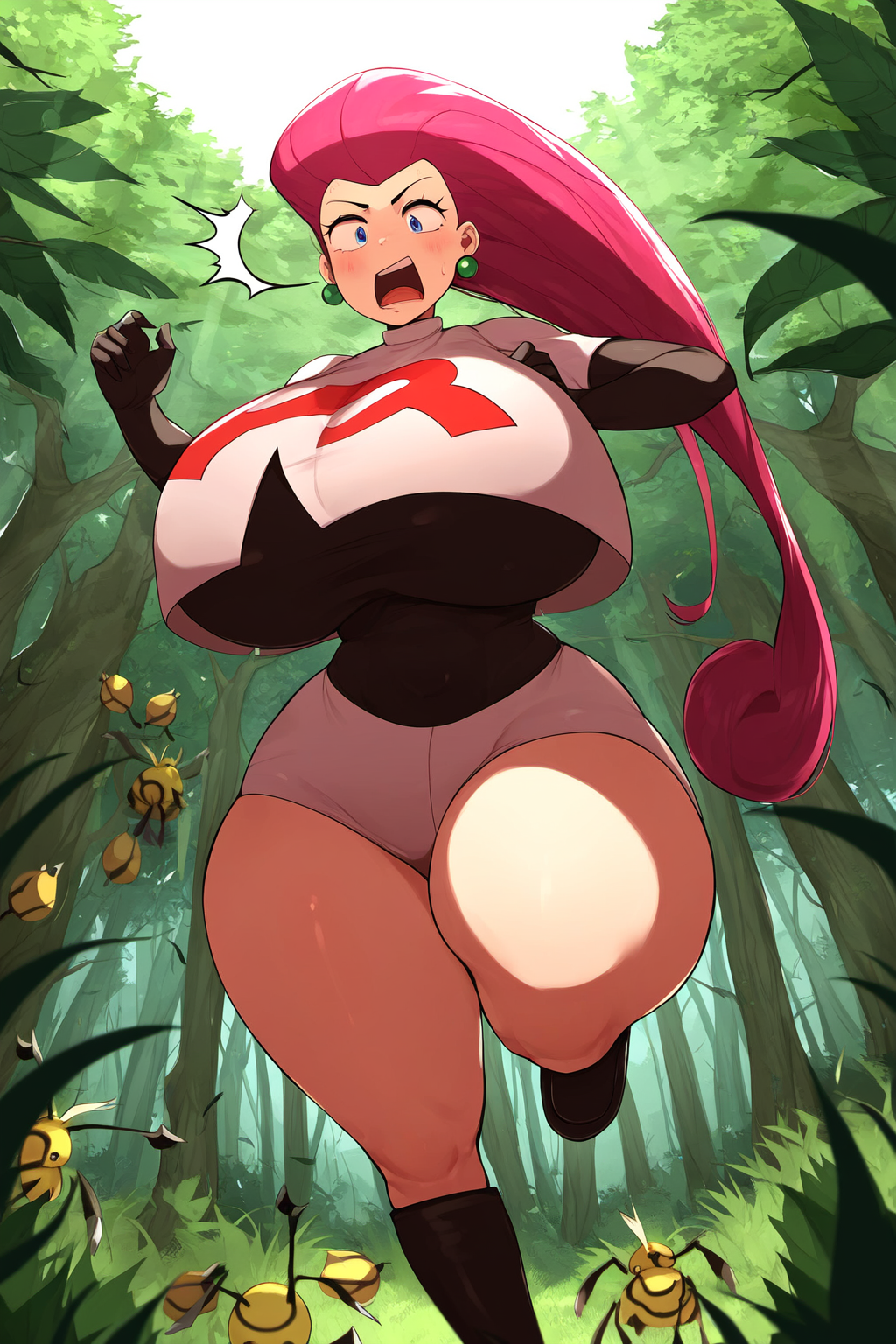 ai generated, big breasts, breasts, female, goldencum34, huge breasts, huge thighs, jessie (pokemon), pokemon, running, self upload, thick thighs, thunder thighs, wide hips