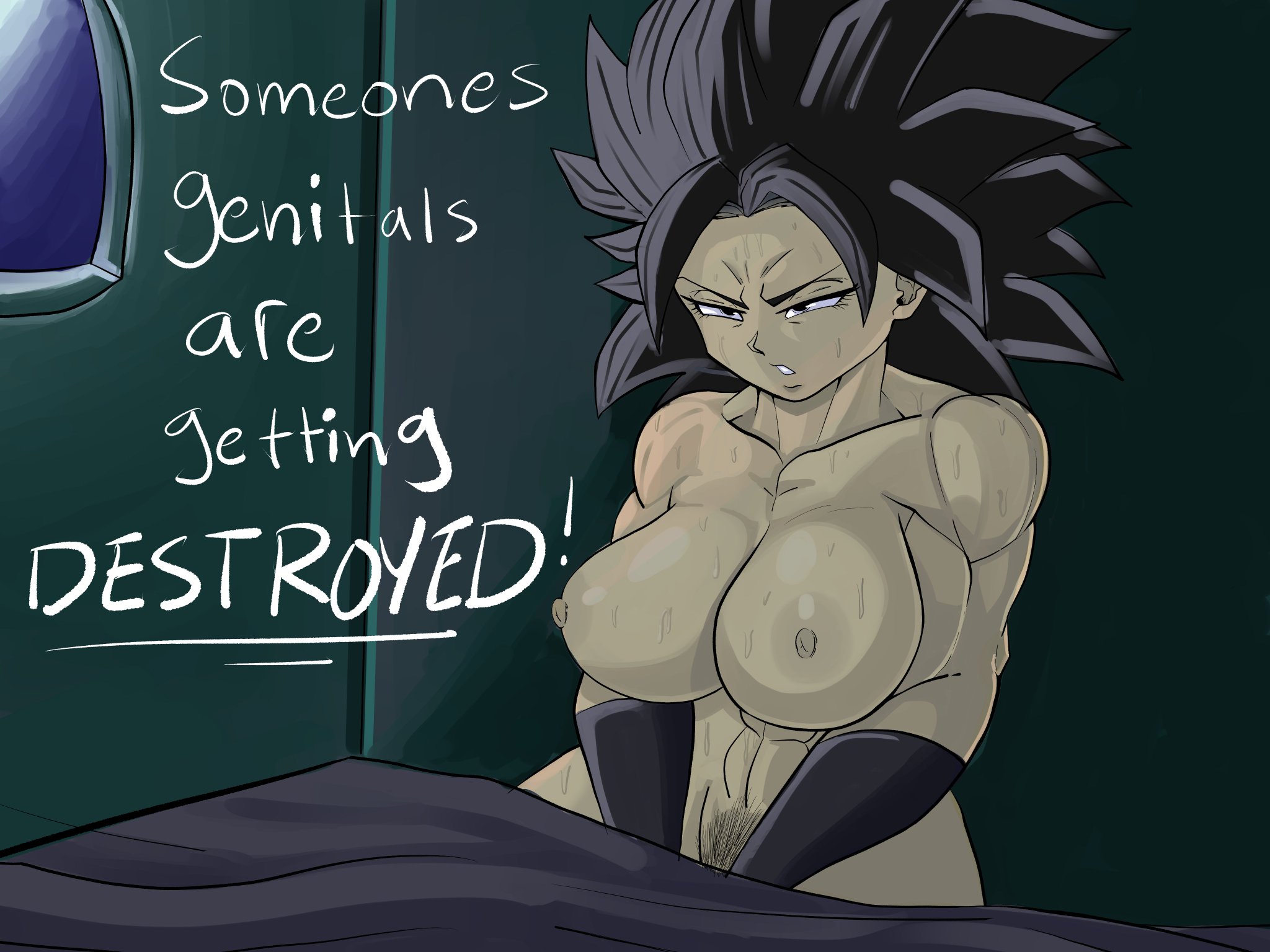 1girls, abs, angry, areolae, big breasts, black hair, breasts, breasts bigger than head, caulifla, dragon ball, dragon ball super, english text, female, female only, female saiyan, gloves, horny, horny female, huge breasts, imminent rape, imminent sex, large breasts, muscular, muscular female, nipples, nude, pseudocel, pubic hair, saiyan, solo, solo female, straight hair, sweat, sweaty, text, threatening, tomboy, universe 6 saiyan/universe 7 saiyan, universe 6/universe 7, wide hips