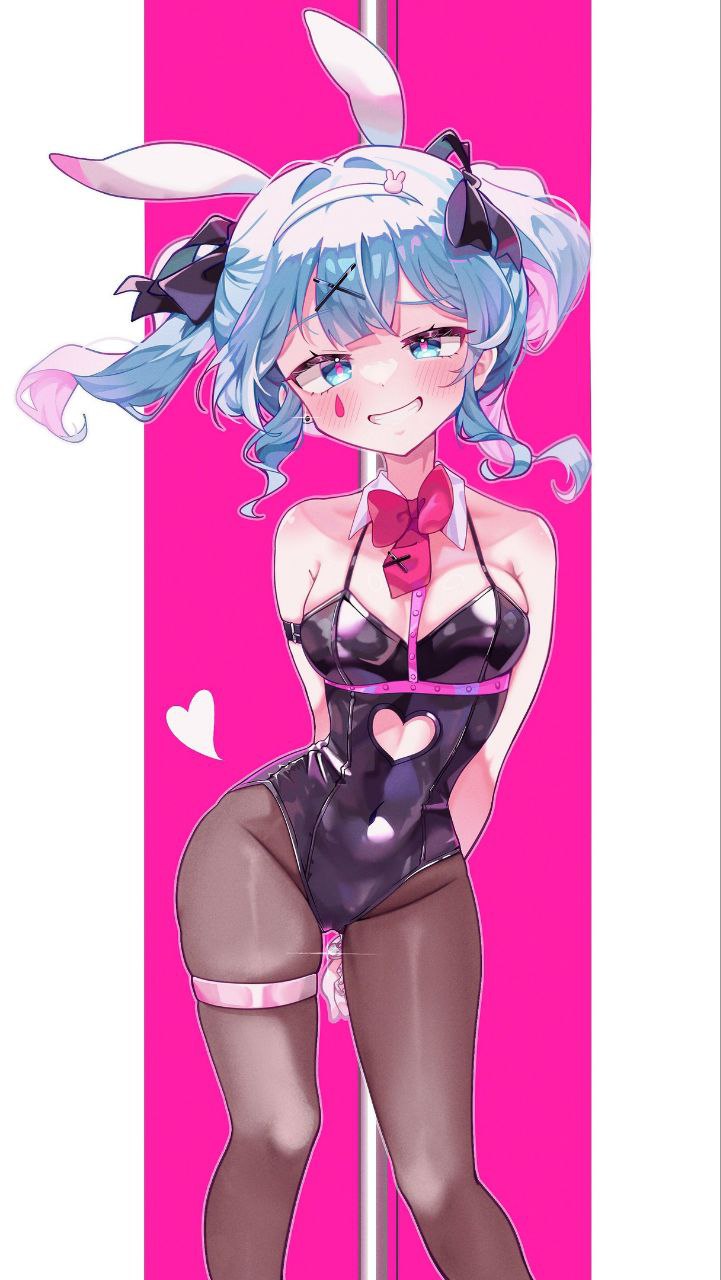 1girl, 1girls, animal ears, aqua hair, arms behind back, artist request, bangs, bare shoulders, black leotard, black pantyhose, blue eyes, blue hair, blush, bow, bowtie, breasts, bunny ears, bunnysuit, clothed, clothed female, clothing, clothing cutout, collarbone, covered navel, detached collar, facial mark, fake animal ears, feet out of frame, female, female focus, female human, female only, fishnet pantyhose, fishnets, grin, hair bow, hair ornament, hair ribbon, hairclip, hatsune miku, heart, heart cutout, heart-shaped pupils, leotard, light skin, light-skinned female, looking at viewer, medium breasts, mv character, necktie, pantyhose, pink background, playboy bunny, pole, ponytail, ponytails, rabbit ears, rabbit hole (vocaloid), ribbon, sex toy, sidelocks, simple background, skindentation, smile, solo, solo female, solo focus, standing, strapless, strapless leotard, stripper, stripper pole, symbol-shaped pupils, thigh strap, twintails, vibrator, vocaloid, x hair ornament