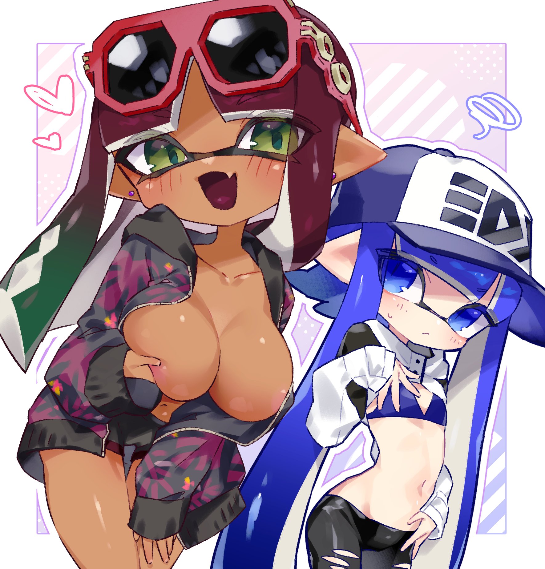 2girls, areola slip, areolae, bangs, big breasts, blue eyes, blue hair, blunt bangs, blush, breasts, cap, cleavage, dokudami-sama (vaz 999), female, flat chest, glasses, glasses on head, green eyes, inkling, inkling girl, jacket, multiple females, multiple girls, navel, nintendo, nipples peek, open mouth, pointy ears, ripped clothing, ripped pants, shorts, splatoon, splatoon (series), splatoon oc, sunglasses, sunglasses on head, tentacle, tentacle hair, unzipped, unzipped jacket, vaz 999, young