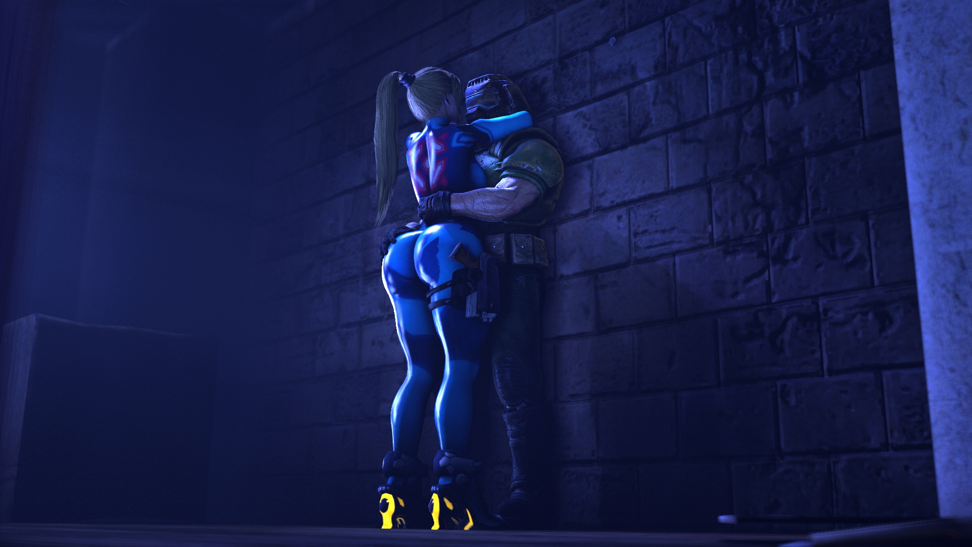 1boy, 1girls, 3d, 3d (artwork), 3d model, 3d render, arm around waist, armored male, ass grab, bangs, big arms, big ass, big butt, big thighs, blonde female, blonde hair, bodysuit, branimation, breasts, doom, doom slayer (doom), female, from below, helmet with visor, helmeted human, large breasts, long blonde hair, male, masked male, metroid, muscular, muscular male, nintendo, ponytail, samus aran, sfm, straight, thick thighs, thigh strap, tight clothing, warehouse, wide hips