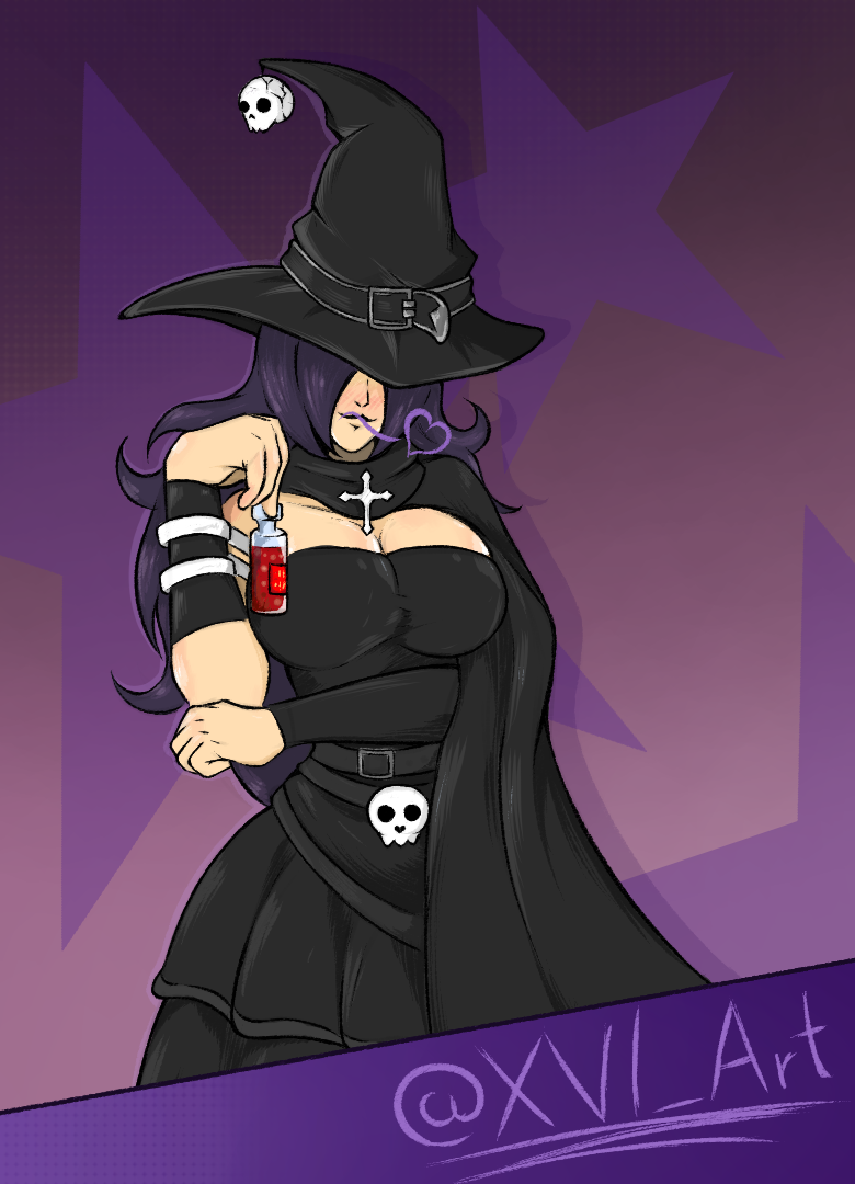 1girls armwear belts black_dress black_lipstick blush bracelets breasts cross epic_battle_fantasy eyes_covered female fully_clothed hair_covering_eye heart heart light-skinned_female light_skin posing potion potion_bottle purple_hair self_upload signature skull_accessory solo_female tight_cleavage tight_clothes witch witch_hat witch_merchant_(ebf_1) xvi