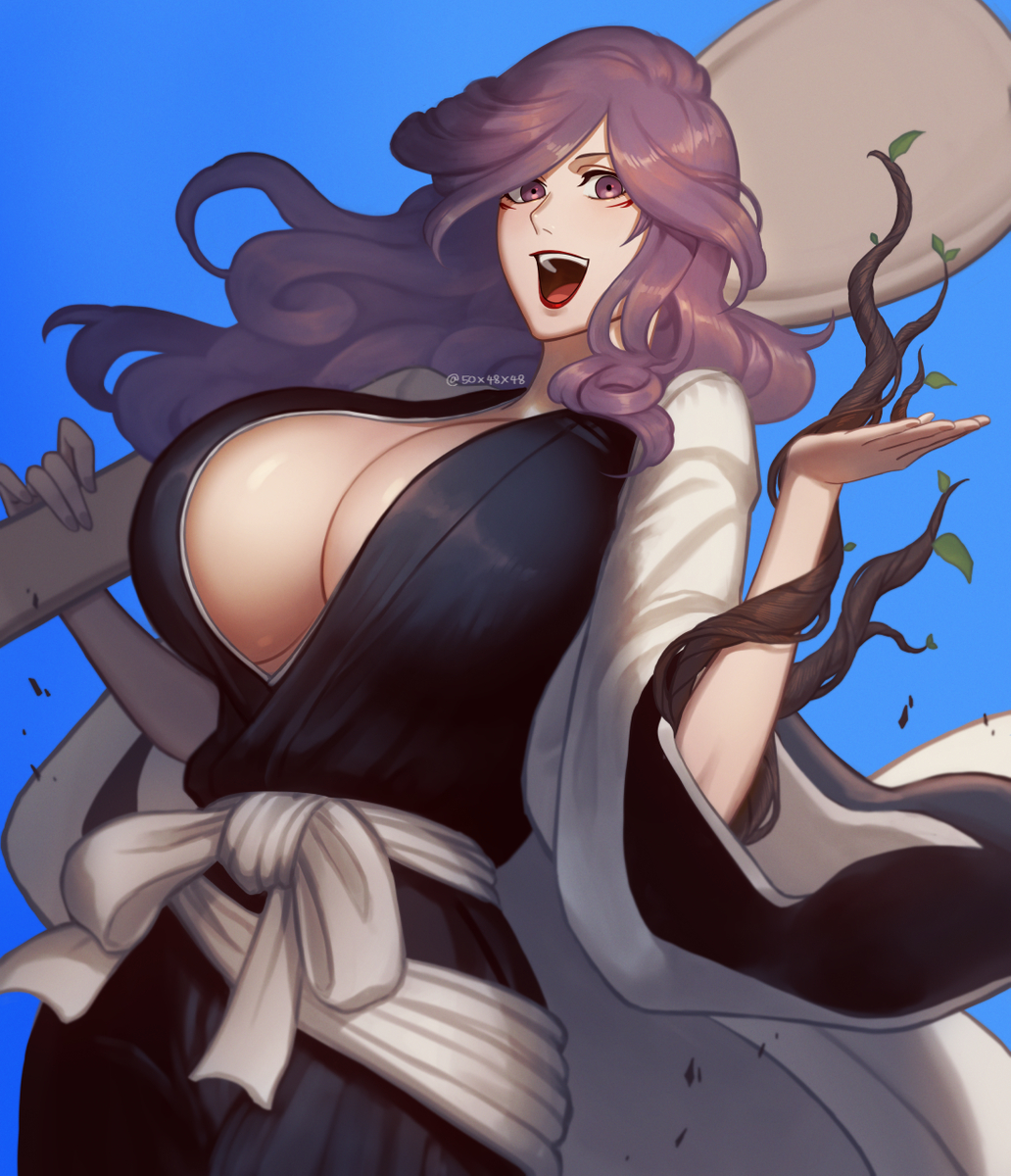 1girls 50x48x48 big_breasts blank_background bleach bleach:_the_thousand-year_blood_war cleavage facial_markings fully_clothed gilf happy hikifune_kirio holding_object kimono lipstick milf purple_eyes purple_hair solo_focus