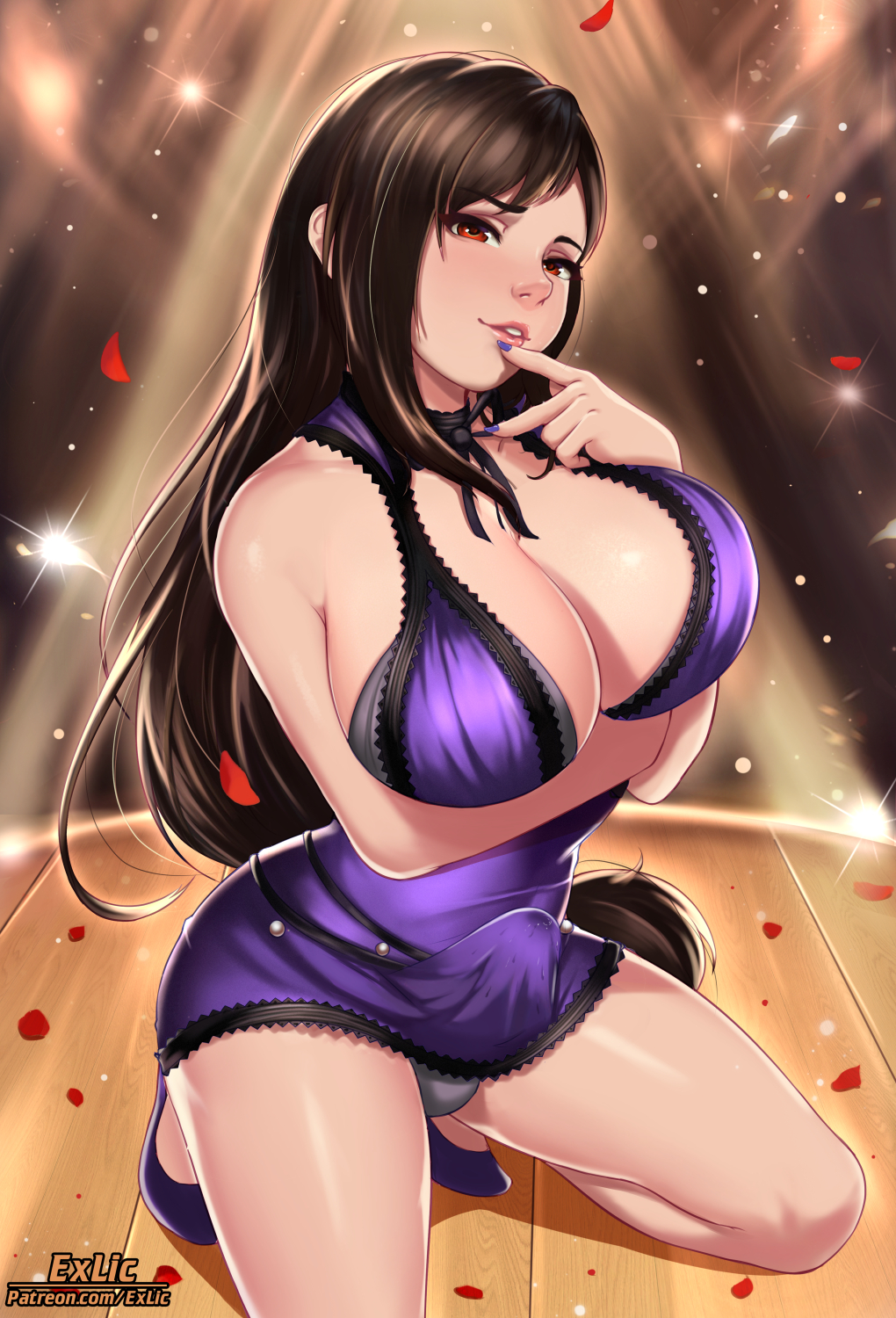 1futa, breasts, bulge, cleavage, dickgirl, erection under clothes, exlic, final fantasy, final fantasy vii, futa only, futanari, intersex, large breasts, looking at viewer, penis, penis under clothes, precum, precum through clothing, solo, solo futa, tifa lockhart
