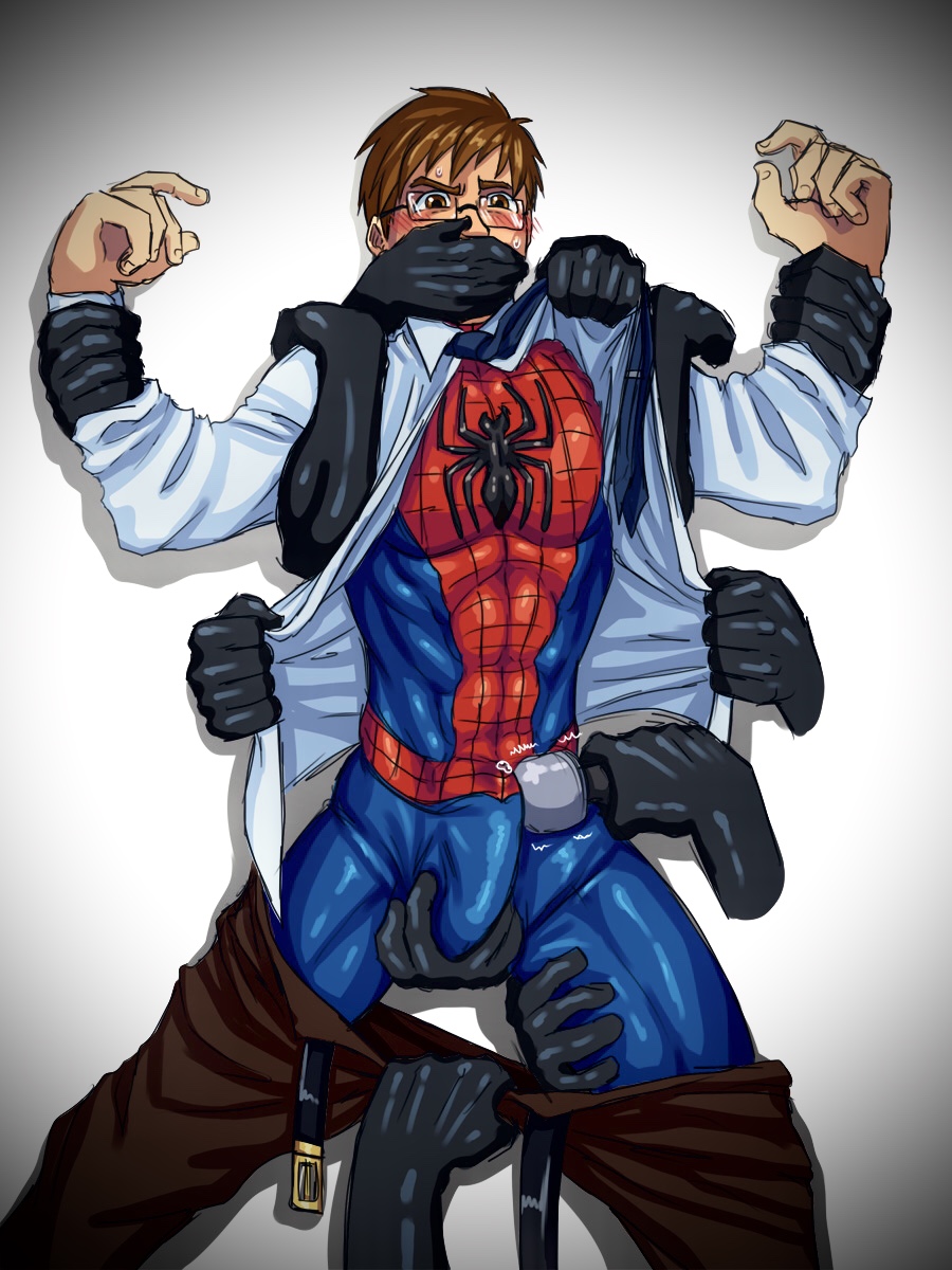 1boy, bodysuit, bodysuit under clothes, bound, boy rape, covering another's mouth, covering mouth, disembodied hand, disembodied hands, dominated, domination, forced, forced yaoi, full nelson, gagged, glasses, groping, group rape, hand gagged, hand on mouth, hand on penis, hand on thigh, hand over another's mouth, hand over mouth, handgag, helpless, imminent orgasm, male, male only, malesub, marvel, marvel comics, muscular, muscular male, pants down, penis, pinned, rape, restrained, spider-man, spider-man (series), straight hair, stripping, tight clothing, tight-web, vibrator, vibrator on penis, yaoi