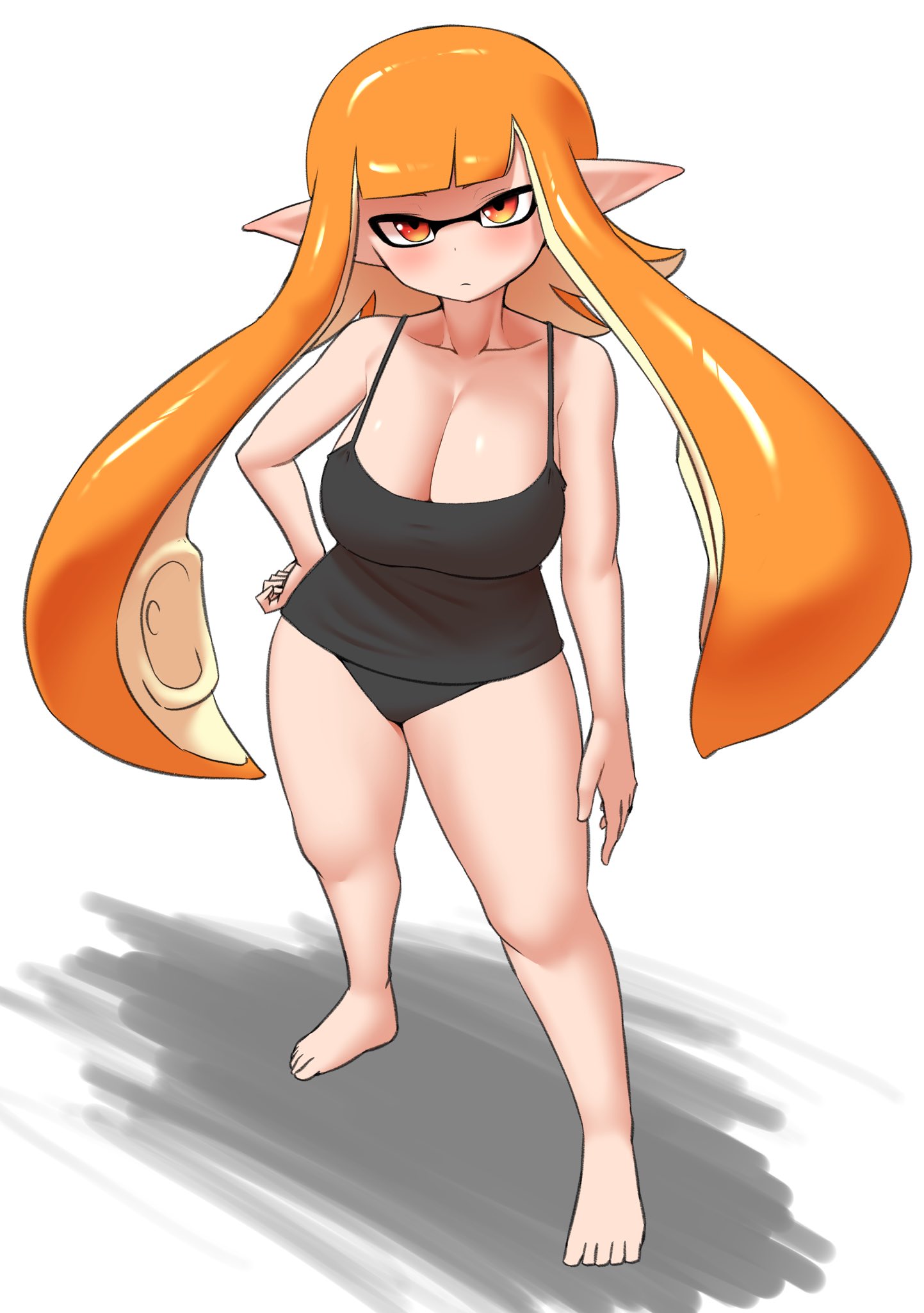 1girls, breasts, cleavage, female, hand on hip, hi res, inkling, inkling girl, kaori (splatoon), large breasts, light skin, light-skinned female, long hair, nintendo, nobunagapero, orange hair, plain background, splatoon, splatoon (series), tank top, tentacle hair