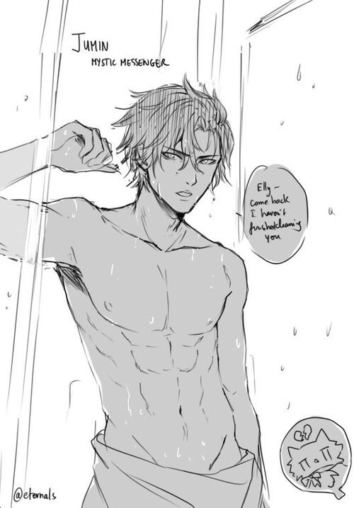 1boy abs english_dialogue english_text eternals_(artist) feline half_naked jumin_han male_only monochrome mystic_messenger nude_male topless topless_male towel towel_around_waist wet_hair wet_skin