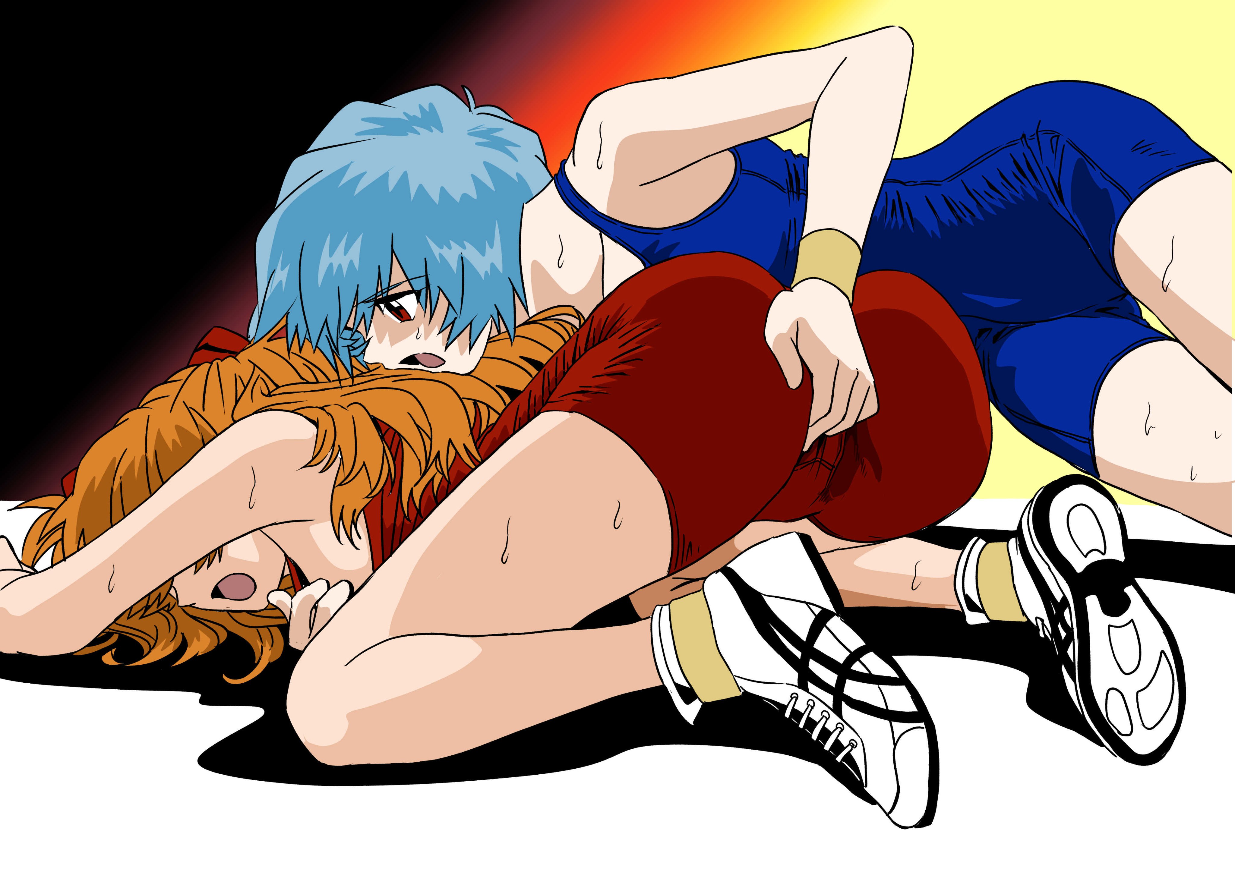 2girls, ass, ass focus, ass grab, ass up, asuka langley sohryu, back view, bending forward, bending over, bent over, blue hair, catfight, female, fingering, leaning forward, long hair, neon genesis evangelion, pussy, red hair, rei ayanami, short hair, shorts, sportswear, spread legs, teenager, tight clothing, tight fit, wet body, wet clothes, wet skin, wrestling, wrestling outfit, wrestling singlet, yoga, yuri, yuutaku1618