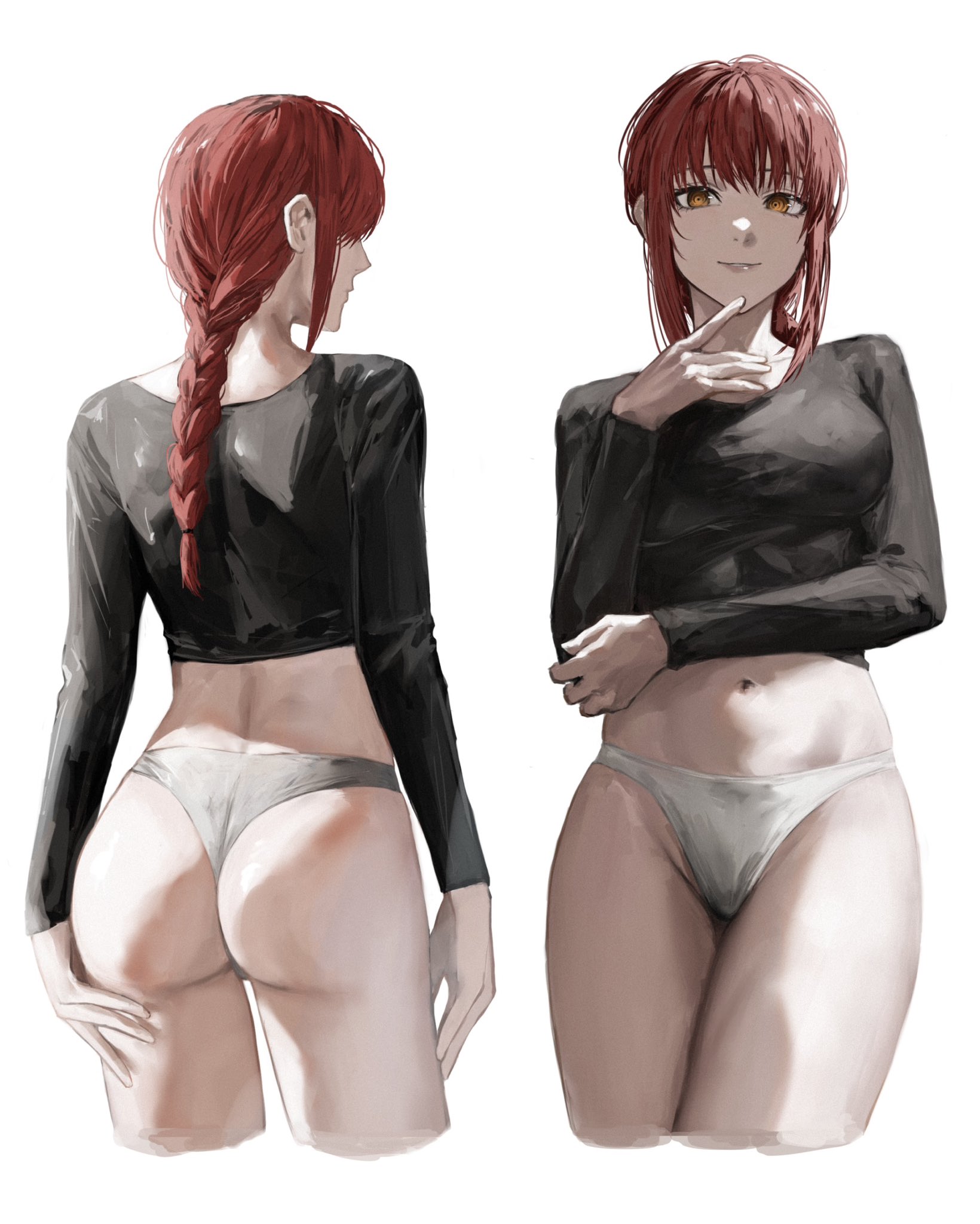 1girls, ass, ass support, black shirt, braid, braided ponytail, breasts, chainsaw man, crop top, female, finger on chin, from behind, looking at viewer, looking away, makima (chainsaw man), medium breasts, midriff, multiple views, no pants, panties, raberu, raberu ruru, red hair, shirt, stomach, thighs, thong, underwear, white panties, yellow eyes